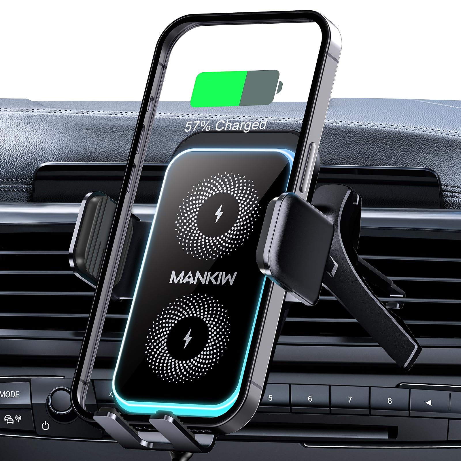 MANKIW 15W Cargador Inalámbrico Coche, Soporte Movil Coche Carga Rápida, Sujeción Automática, Compatible con iPhone 17/16/15/14/13/12, Samsung Galaxy S24/S23/S22, e