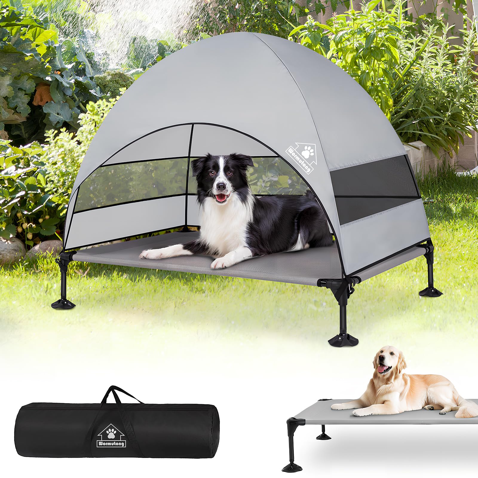 Elevated Outdoor Dog Bed with Canopy, Raised Outside Cot with Stable Adjustable Feet, Dog Camping Bed with Larger Shade, Lifted Pet Tent Bed with Canopy for Outside Camping, Backyard, Patio & Beach