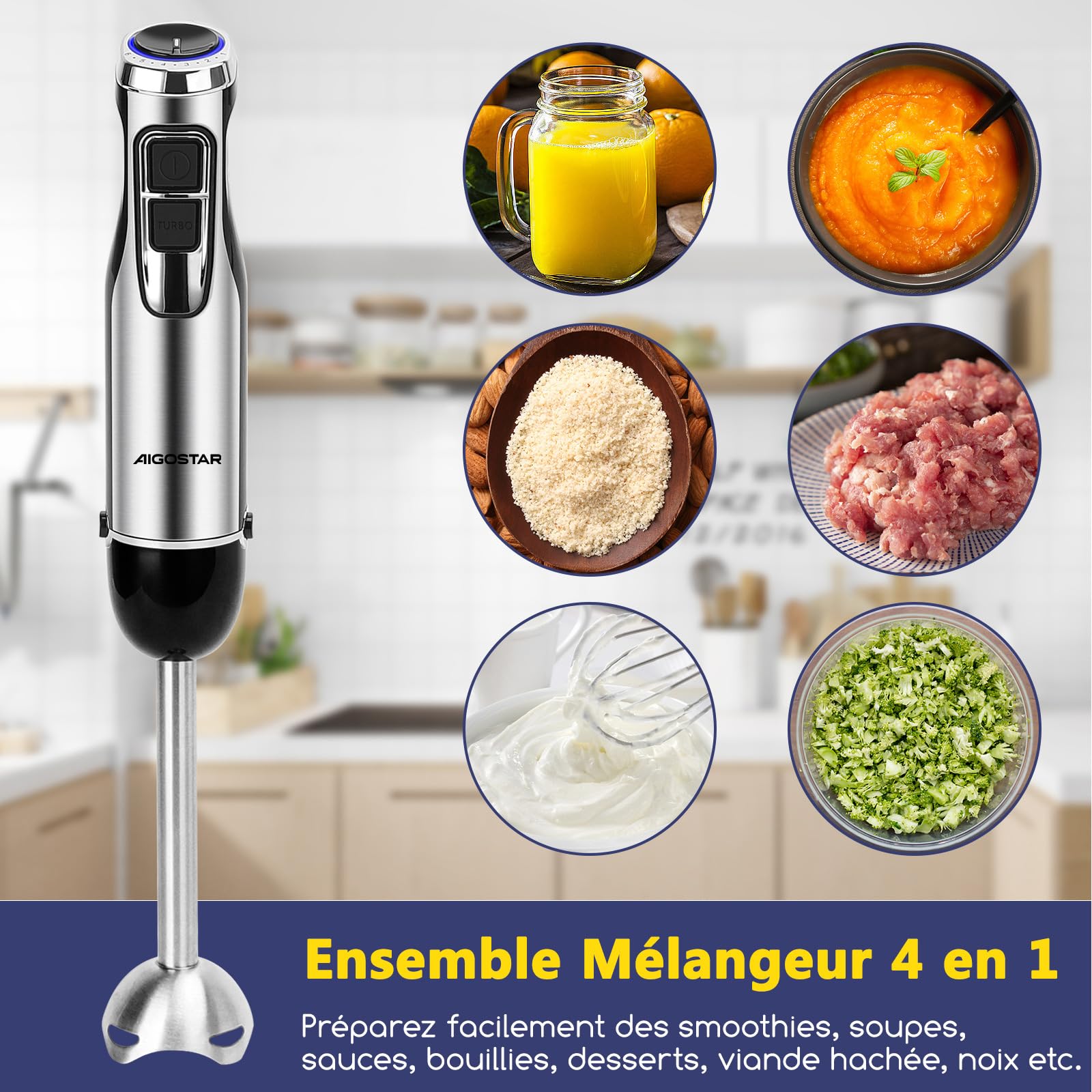 Aigostar Buckle - Mixeur plongeant 4 en 1 de 1000W. Mixer plongeur avec 6 vitesses + Turbo. Mixeur multifonction avec hachoir 500 ml, tasse à mesurer 600 ml et fouet, sans BPA