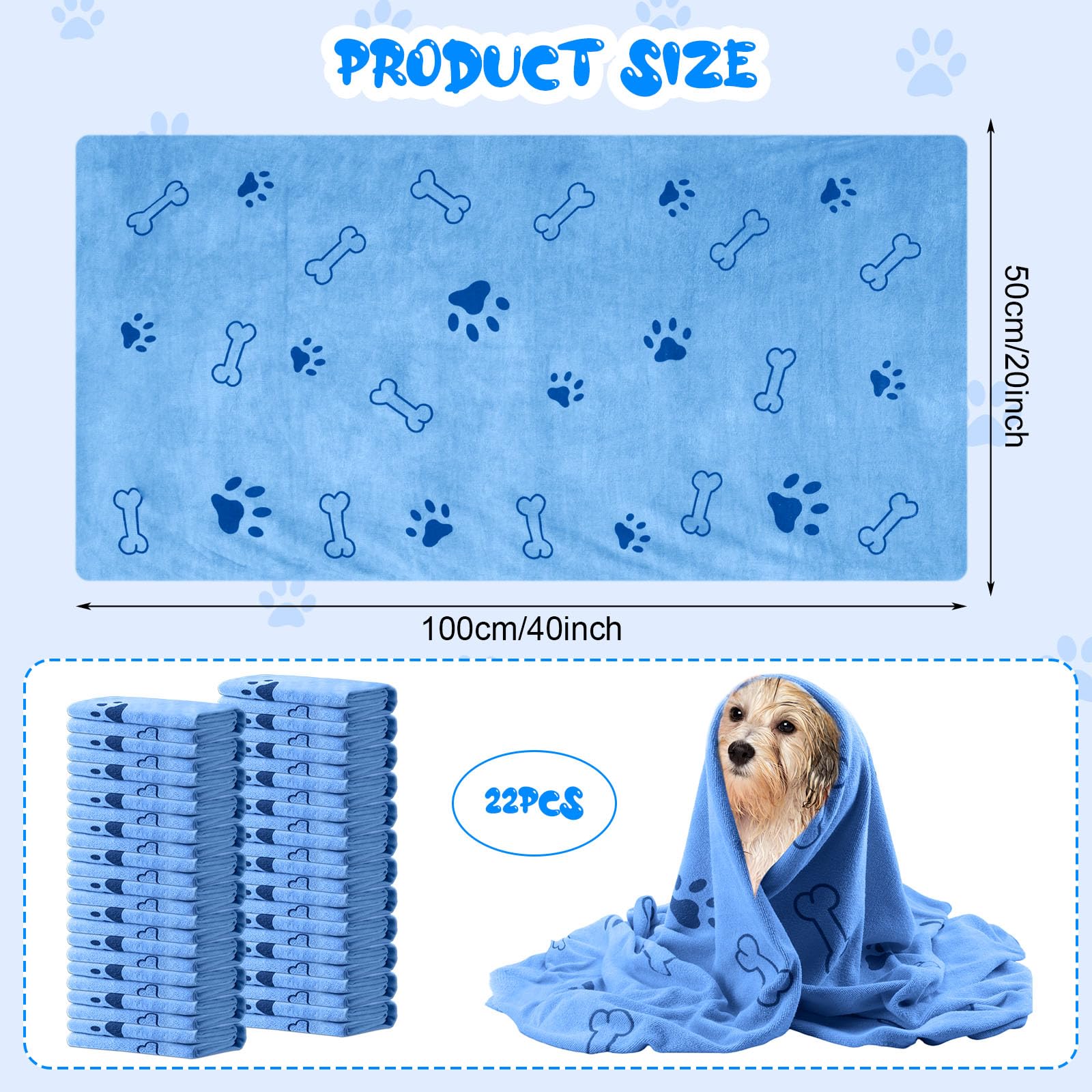 Tatuo Hundehandtücher zum Trocknen, 50,8 x 101,6 cm, saugfähiges Mikrofaser-Handtuch, schnell trocknend, Welpenbadzubehör für kleine, mittelgroße und große Hunde, Welpen, Katzen, Blau, Knochenmuster