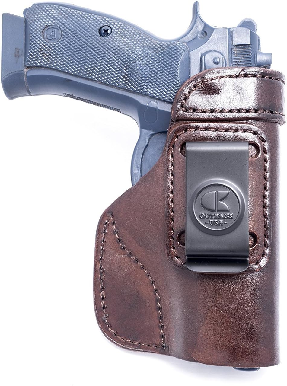 OUTBAGS USA LS7CZ75SP01 (Brown-Right) Full Grain Heavy Leather IWB Conceal Carry Gun Holster for CZ-USA CZ75 SP-01 9mm. Handcrafted in USA.