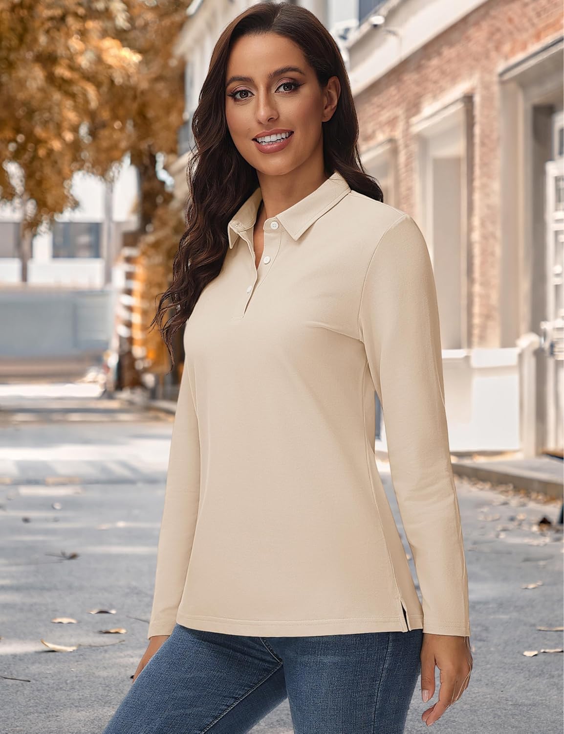 YUCOLEN Womens Polo Shirts Long Sleeve Casual Tops Collared Button Down Cotton Tee Work T Shirt - Image 3