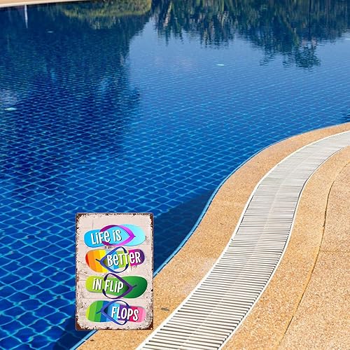 Miniatura 8 de Letreros de metal para decoración de chanclas, letrero de playa con texto en inglés "Life Is Better In Flip-Flop", decoración retro para pared,