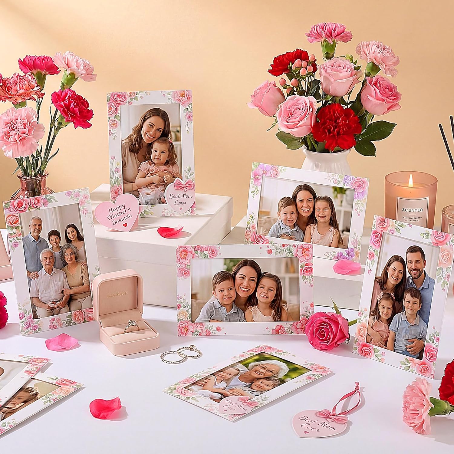 AmazingSpark 50 Pack Mother's Day Floral Picture Frame 4 x 6 Paper Photo Ornament Bulk Flower Cardboard Photo Gifts for Mom Spring Party Decorations Party Favor Supplies