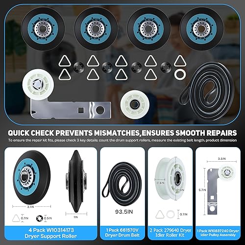 Miniatura 7 de Rodillo de secado mejorado para Maytag Whirlpool Secador Piezas MEDB850YW0 MEDB835DW4 WPW10314173 W10314171 MEDC300BW0 MGD5630HW0 MED7000AG0