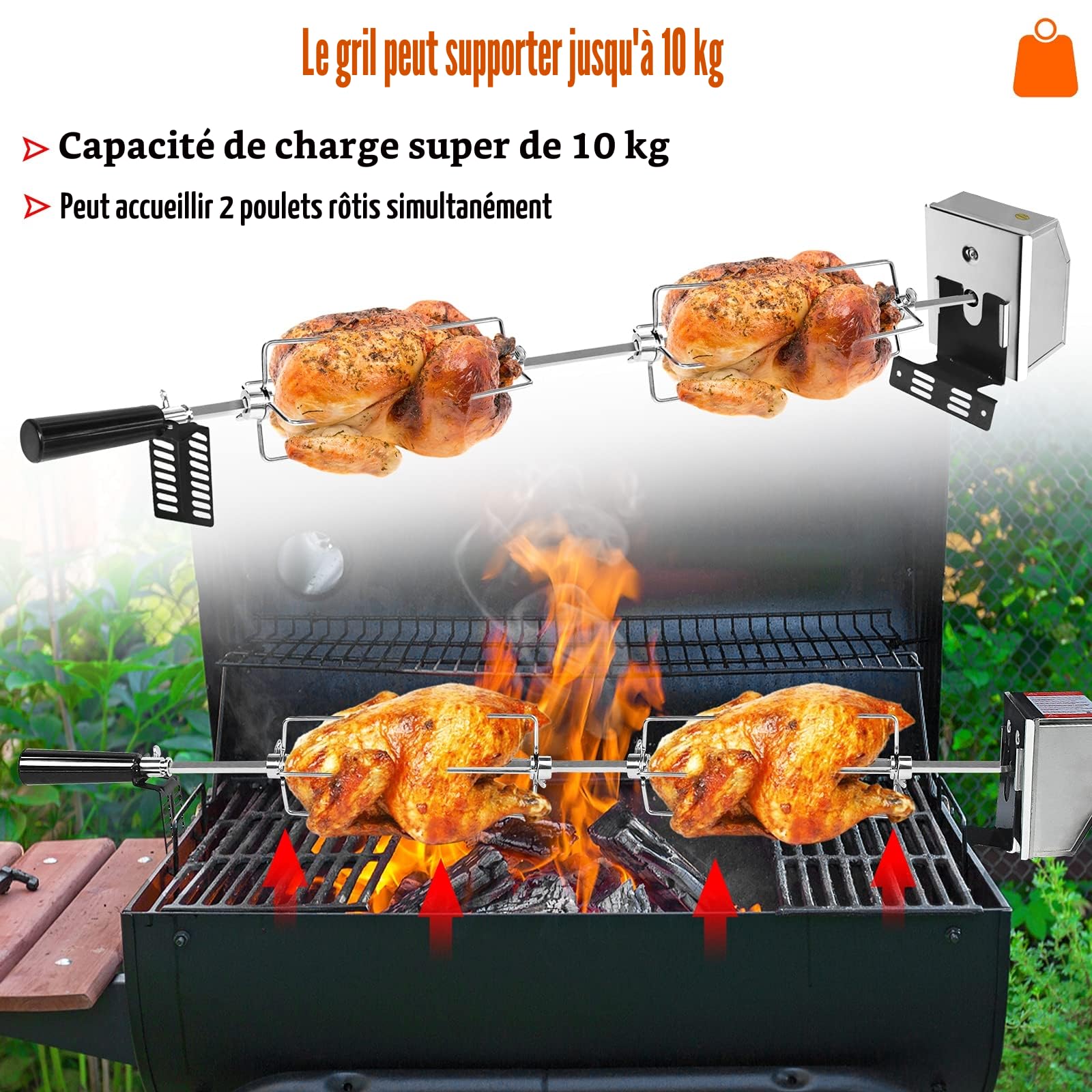 NAIZY Rôtissoire pour Barbecue Set de Brochettes à Griller universelle électrique avec 2 aiguilles à Viande et Moteur en Acier Inoxydable 220V - 240V pour rôtisserie et gril à gaz