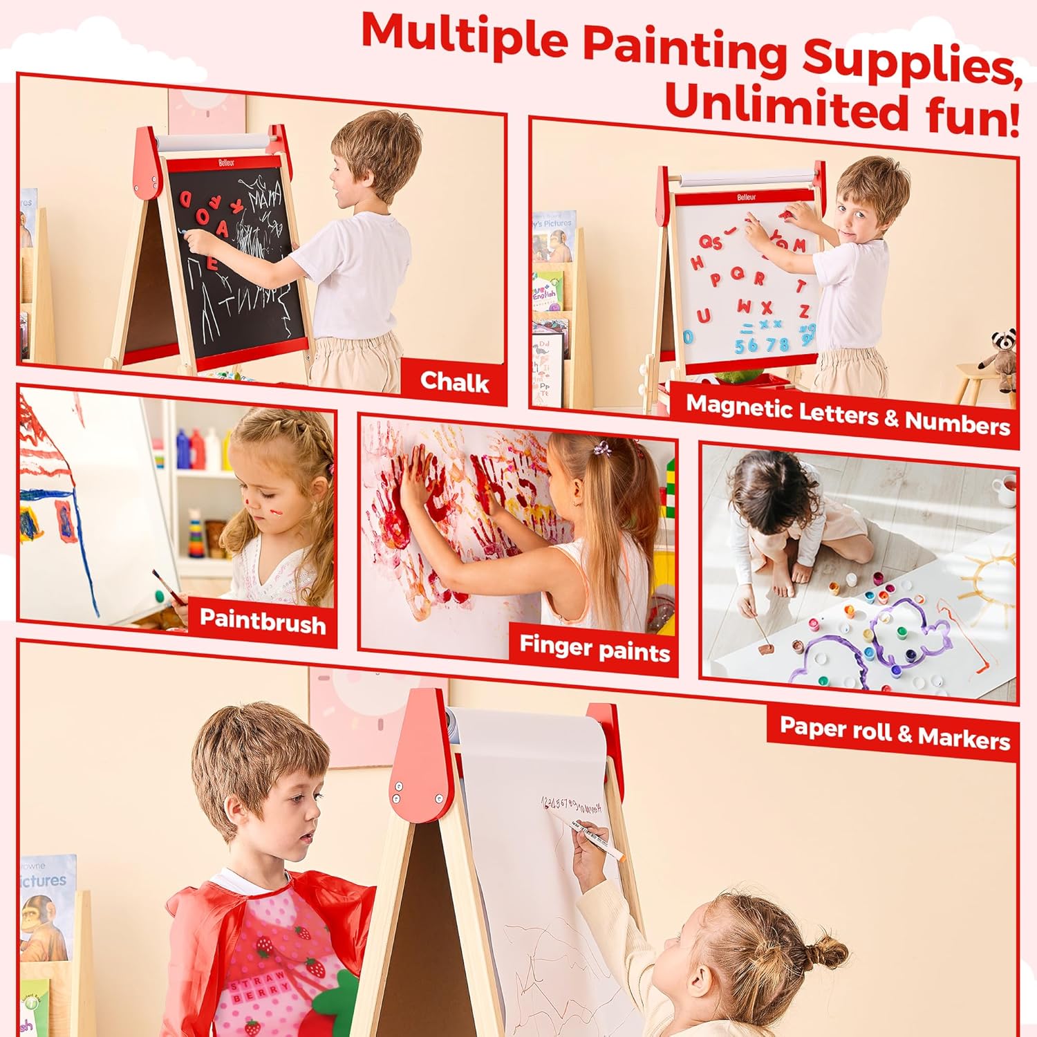 Belleur All-in-One Art Easel for Kids with 2 Paper Rolls & Deluxe Accessories, Adjustable Magnetic Double Sided Whiteboard & Chalkboard, Painting Kid Easel for Toddlers 2-8, Ideal