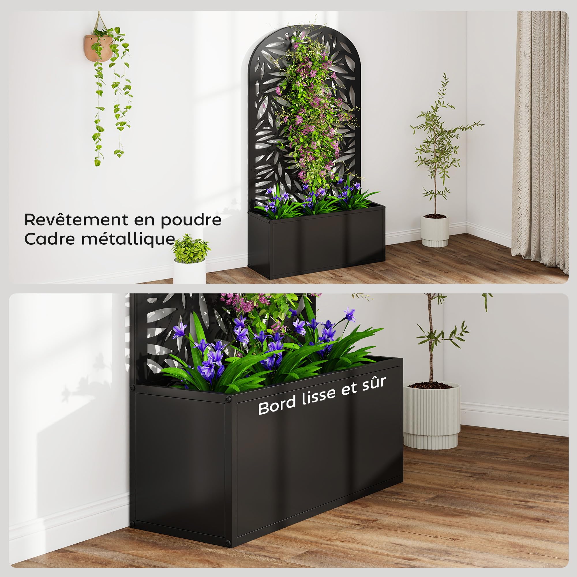 Outsunny Jardinière avec Treillis, Bac à Fleurs Métal, 61x23x113cm Noir | Lit Surélevé avec Brise-vue Découpé en Feuilles, Fixation Mur ou Sol, pour Plantes Grimpantes, Légumes, Fleurs