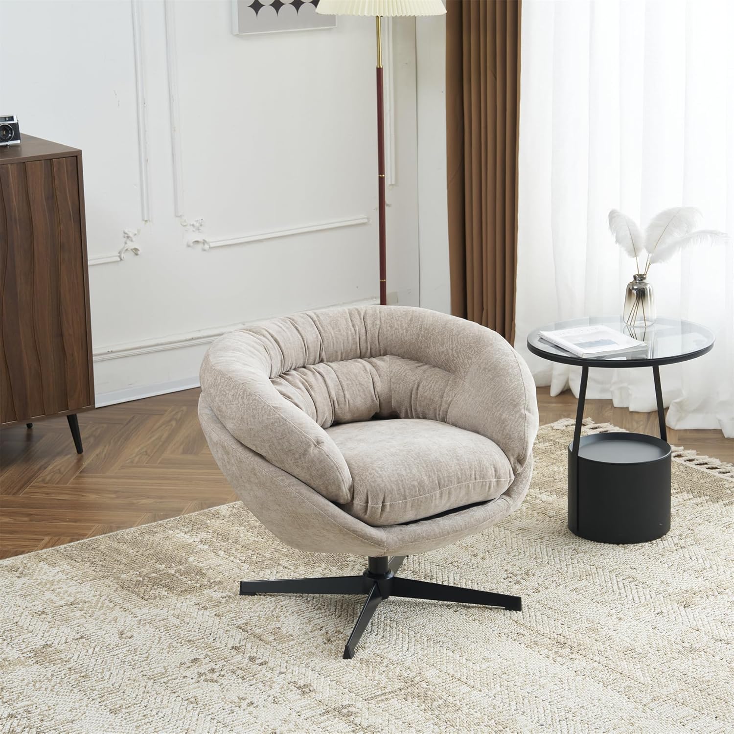 Christopher Knight Home 360° Swivel Club Chair,Chenille Upholstered Accent Chair with Removable Cushion, Round Office Chair with Black Metal Base,Brown