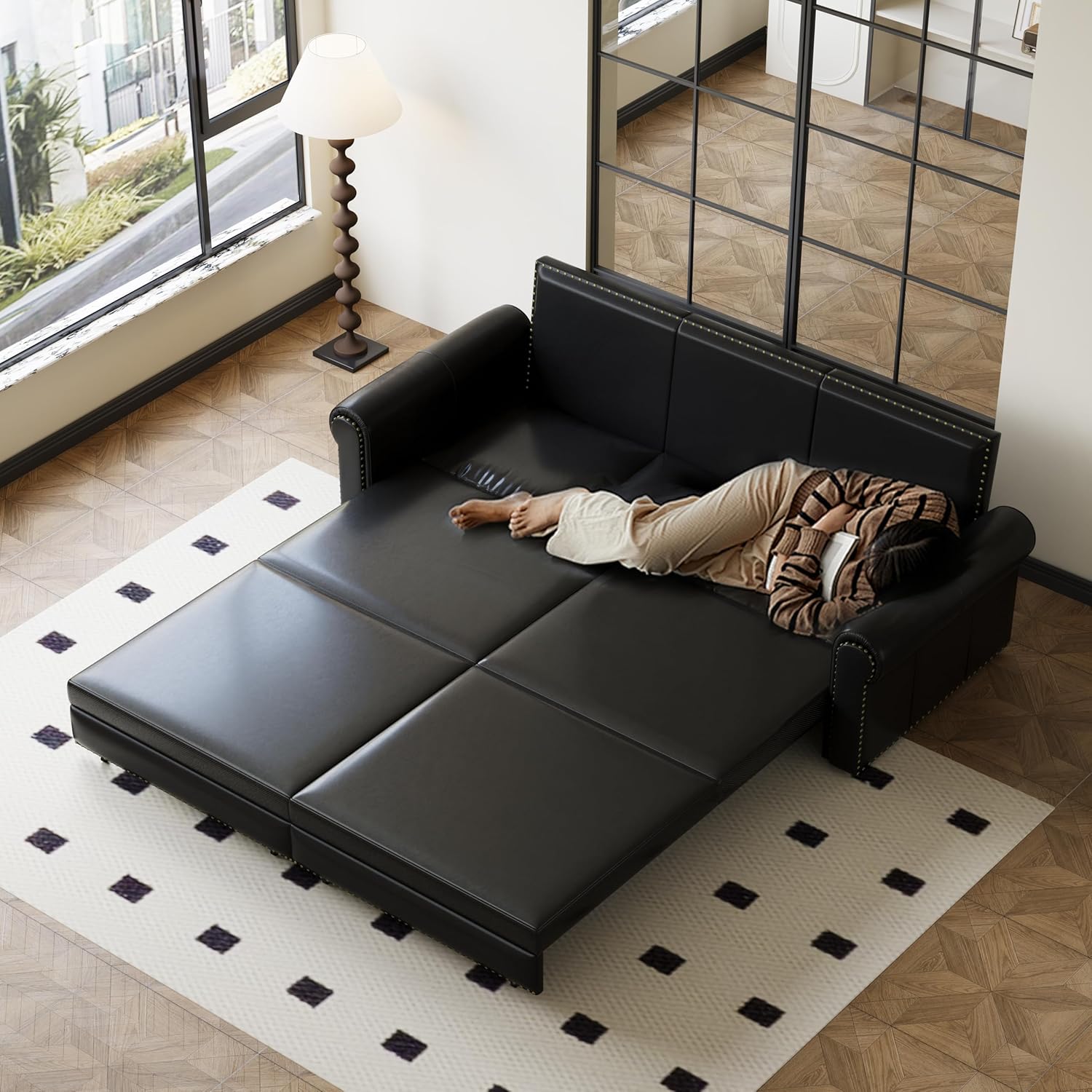 93.7" King Pull Out Sofa Bed, Faux Leather Convertible Sleeper Couch with Nailhead Trim, Oversized Mid Century Modern Chesterfield Sectional Couch for Living Room, Black