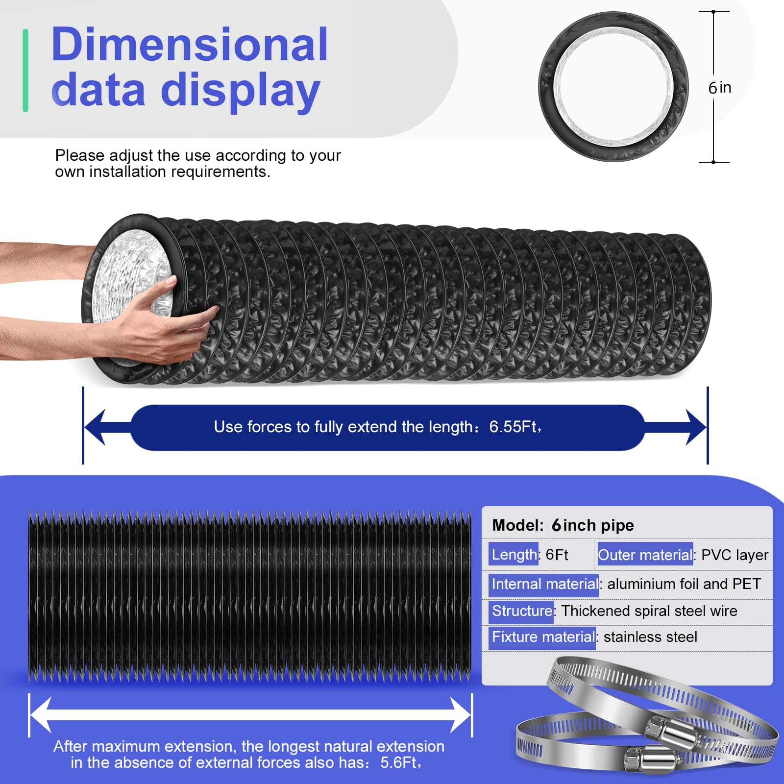 Manguera de ventilación de secadora de 200 cm de largo, conducto de aluminio flexible grueso, 2 abrazaderas de manguera para HVAC, tiendas de campaña, aire fresco de cocina y aire de escape