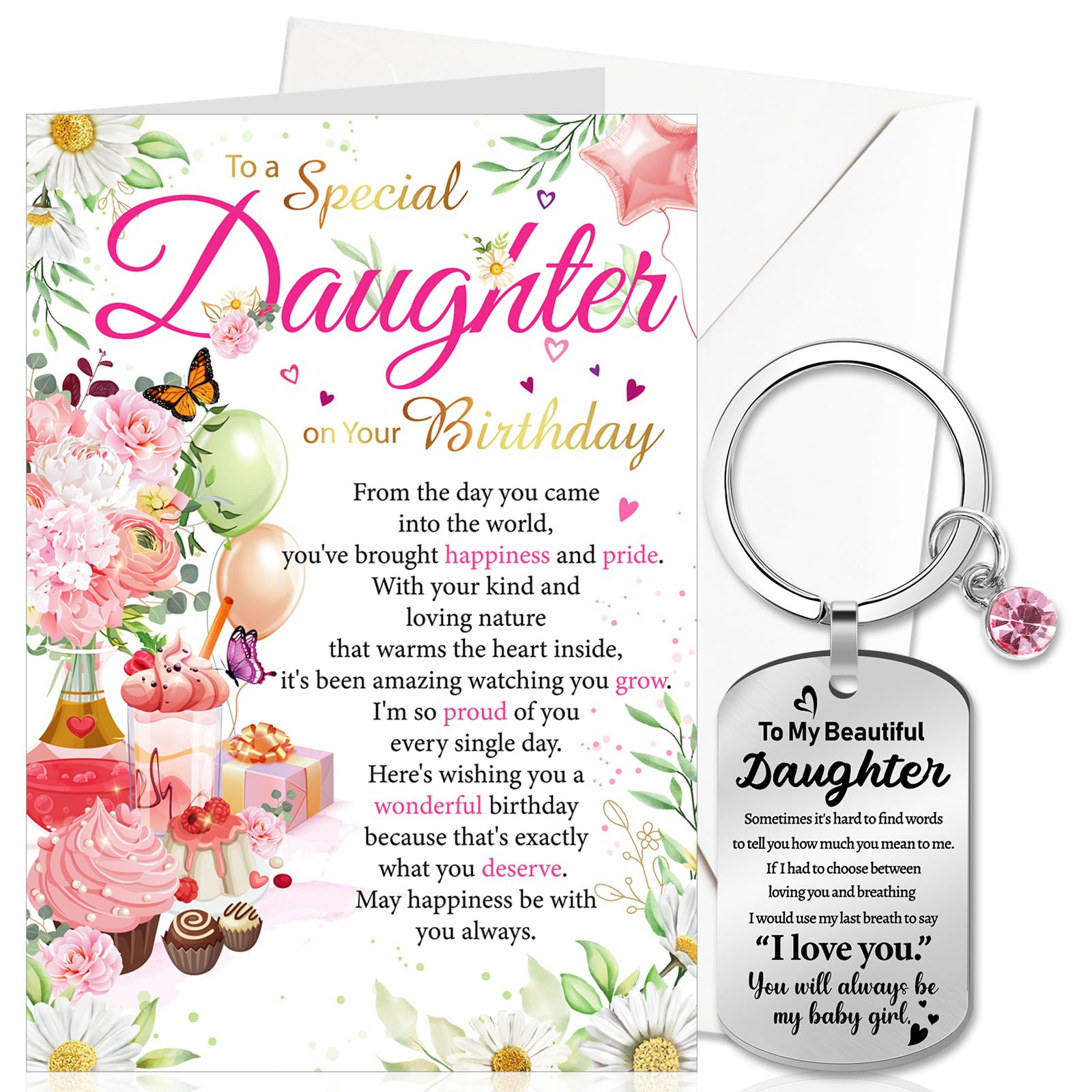 DPKOW Daughter Birthday Card Gifts from Mum and Dad, B-Day Keyring Keychain B-Day Greeting Card with Envelope, Happy Birthday Gifts for Daughter from Parents