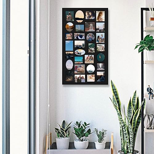 Miniatura 7 de Adeco PF9105 - Marco de fotos decorativo de madera negra para colgar en la pared, 29 aberturas, varios tamaños entre 3.25 x 2.75 pulgadas y 4.5 x 4