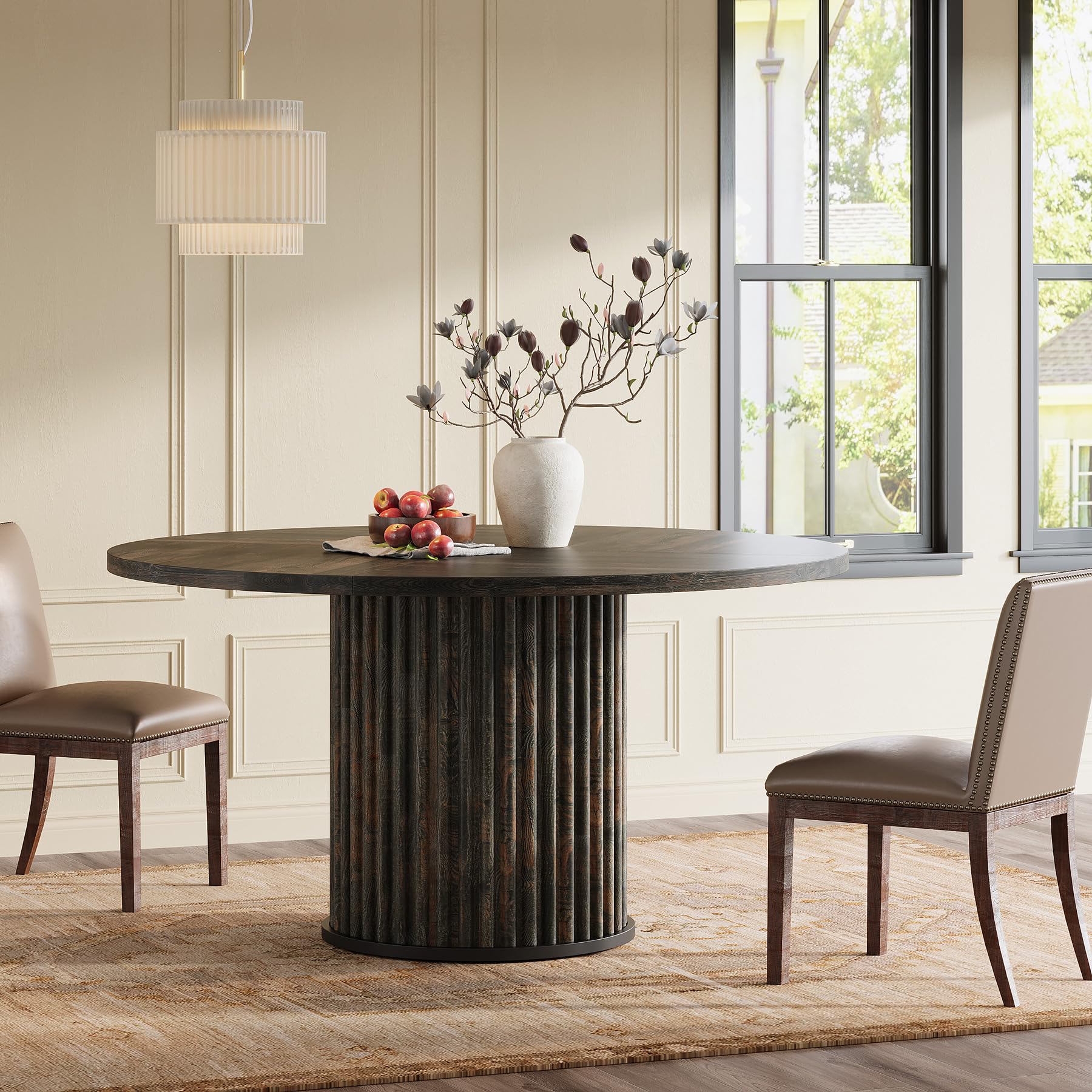 Tribesigns Tavolo da pranzo rotondo da 120 cm per 4 – 6 persone, moderno tavolo da cucina in MDF scanalato + base in metallo, robusto mobile rotondo per sala da pranzo, nero marrone