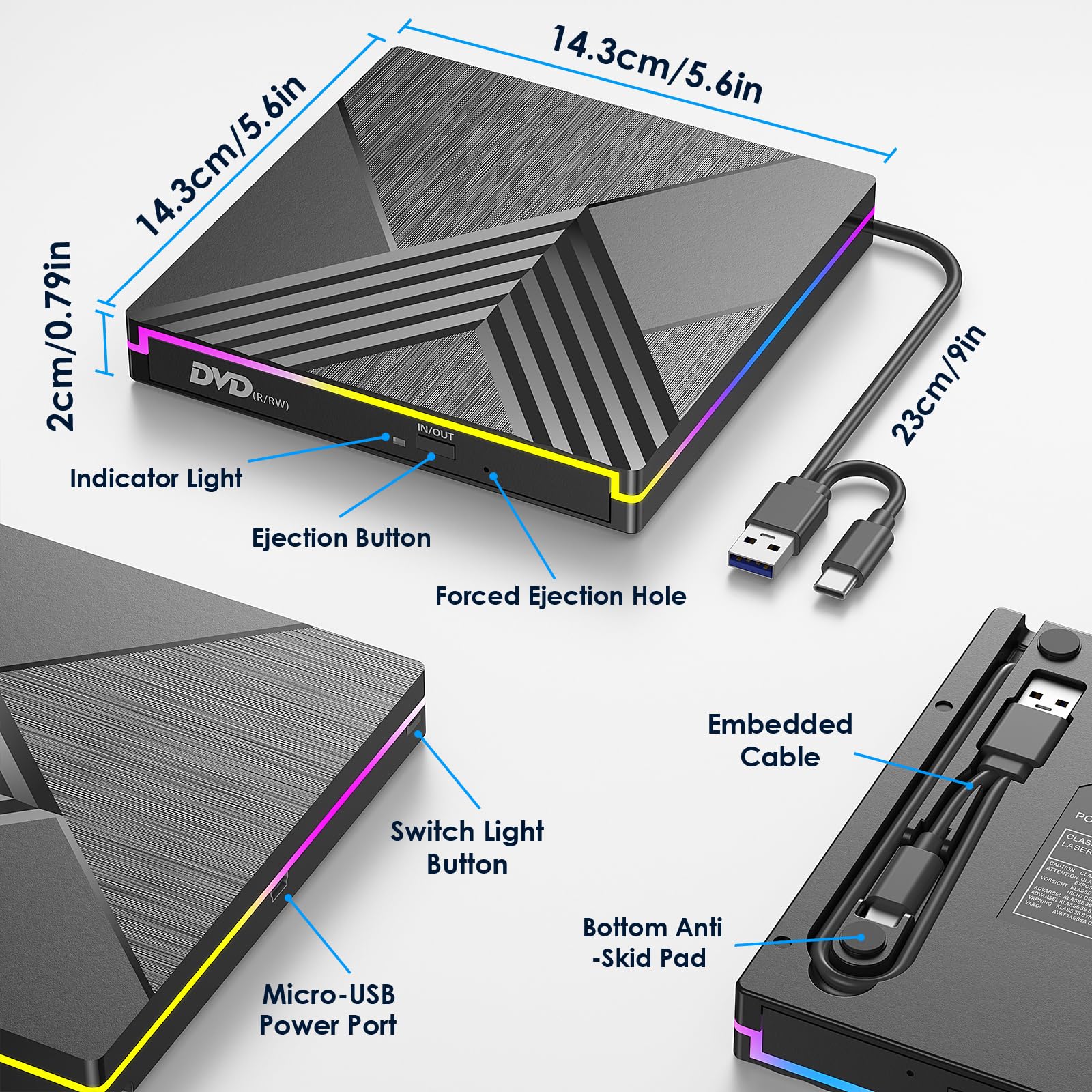 Zewnętrzny odtwarzacz CD DVD, USB 3.0 i Type-C Nagrywarka CD DVD Napęd zewnętrzny, zewnętrzny dyskietek RGB DVD +/-RW Napęd dla komputerów PC Laptop Desktop MacBook OS Win11/10/8/7/XP Linux