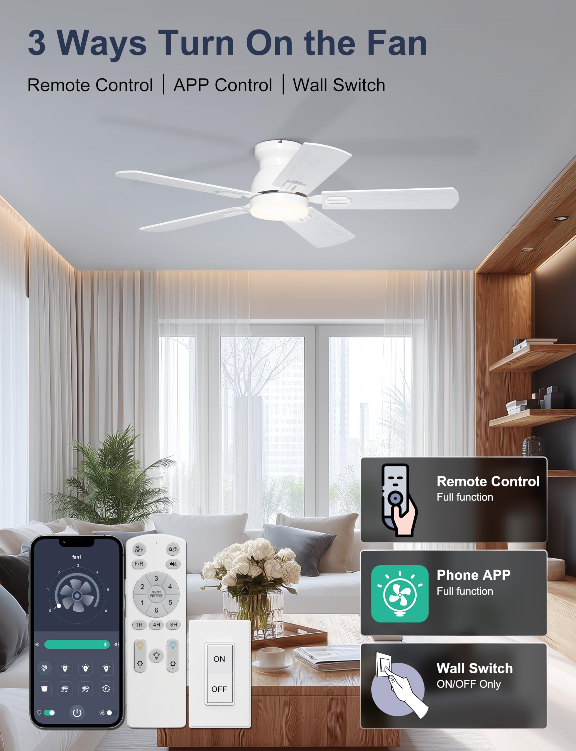 42" White Ceiling Fan with Lights - Remote & Wall Control -3 42" White Ceiling Fan with Lights - Remote & Wall Control -3