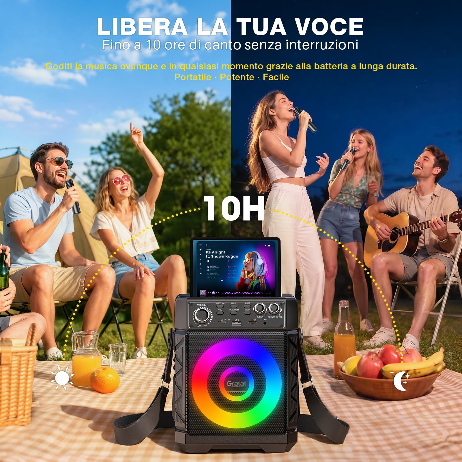 Karaoke con Microfono,Bluetooth con 2 Microfoni per Adulti e Bambini, Sfera da Discoteca Regolabile,Ricarica Magnetica dei Microfoni,Supporta TV/Smartphone/AUX/USB Per Party, Casa, Compleanni, Viaggio