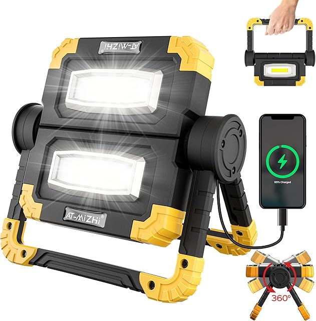 Rechargeable Work Light with 360° Rotation - Folding LED Floodlight 20W, Portable Waterproof Spotlight for Car Repairing, Camping, Hiking, Emergency Power Bank & Fishing BBQ