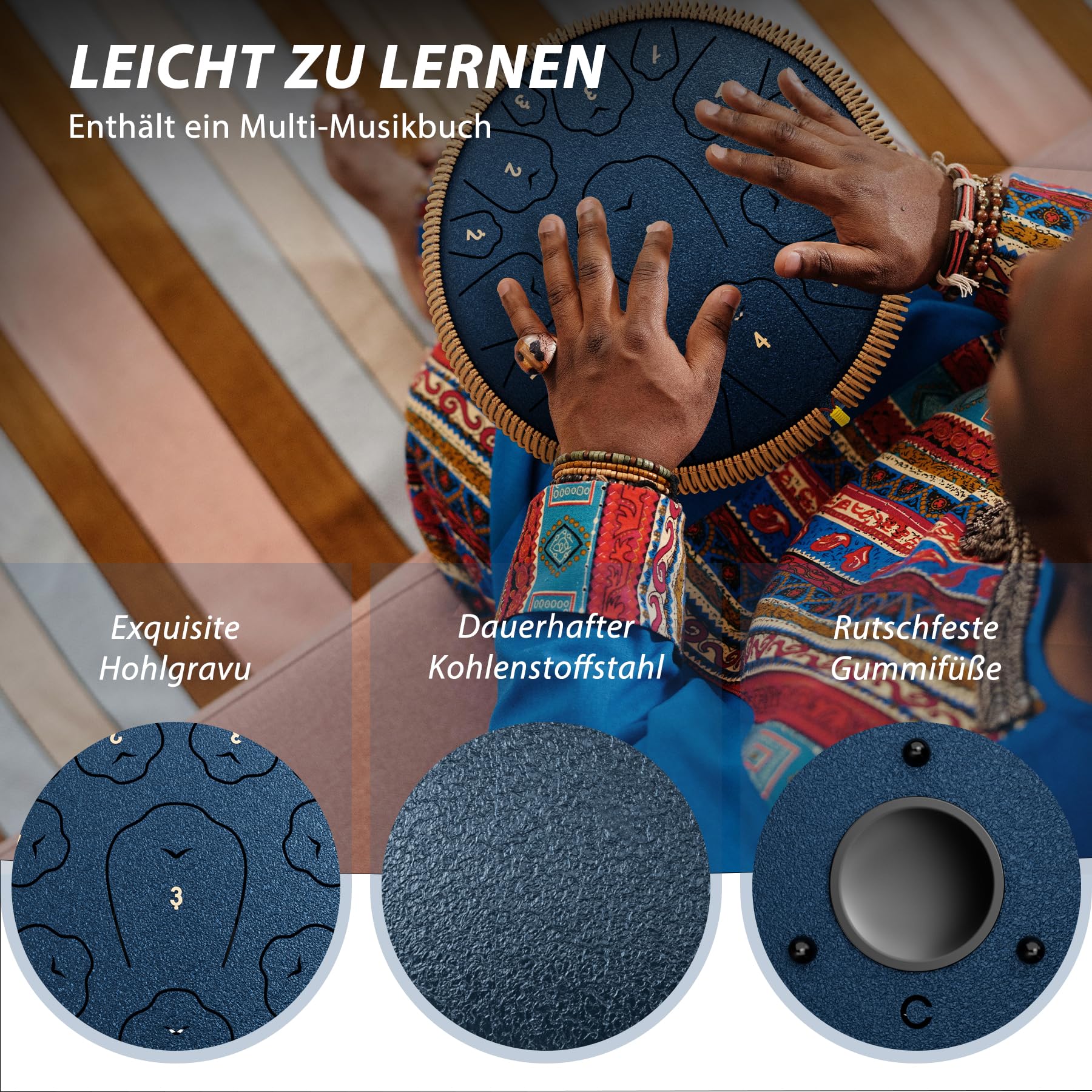 Stahl-Zungentrommel, 33 cm, 15 Töne Zungentrommeln, C-Dur Trommel Perkussionsinstrumente, Handpan-Trommeln mit Musikbuch, Trommelschlägel und Tragetasche (Marineblau)