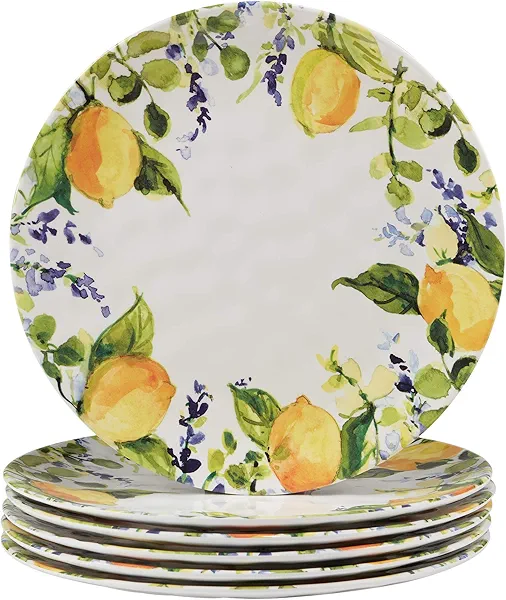 Lemon Zest Melamine Dinner Plates Set of 6 – Unbreakable Outdoor Plates for Patio Dining, Garden Parties, BBQs, RV Camping, Farmhouse Kitchen, and Everyday Family Meals
