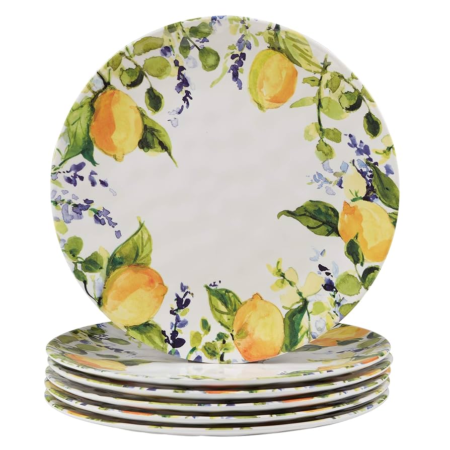 Lemon Zest Melamine Dinner Plates Set of 6 – Unbreakable Outdoor Plates for Patio Dining, Garden Parties, BBQs, RV Camping, Farmhouse Kitchen, and Everyday Family Meals