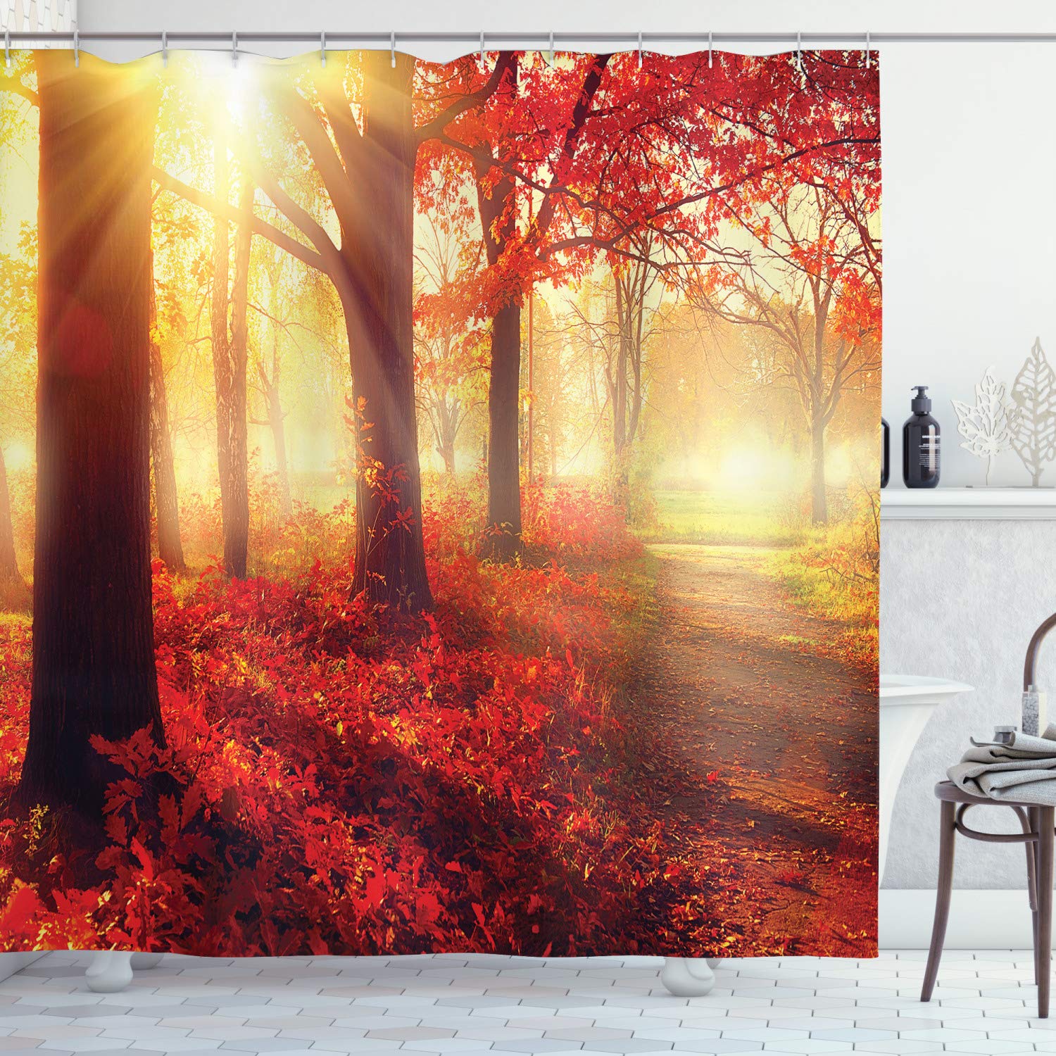 ABAKUHAUS Woodland Shower Curtain, Sun Beams Through Misty Old Forest in Fall Season Morning View Dreamy Picture, Cloth Fabric Bathroom Decor Set with Hooks, 94 Inches, Yellow Red
