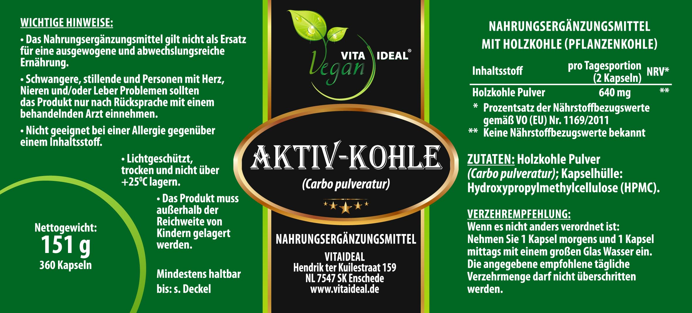 Vegan® AKTIV - KOHLE 4x 360 KAPSELN - Carbon, Carbo Ligni pulveratur - pflanzliche AKTIVKOHLE - Tagesportion 640mg Pflanzenkohle reines Pulver. Natürlich, pflanzlich & ohne Zusatzstoffe.