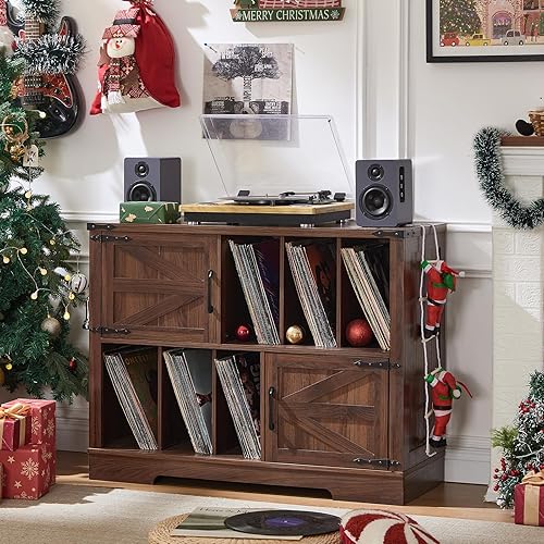 Miniatura 3 de Soporte grande para tocadiscos con almacenamiento de vinilo de hasta 450 álbumes, armario de almacenamiento de nogal marrón de 39 pulgadas con