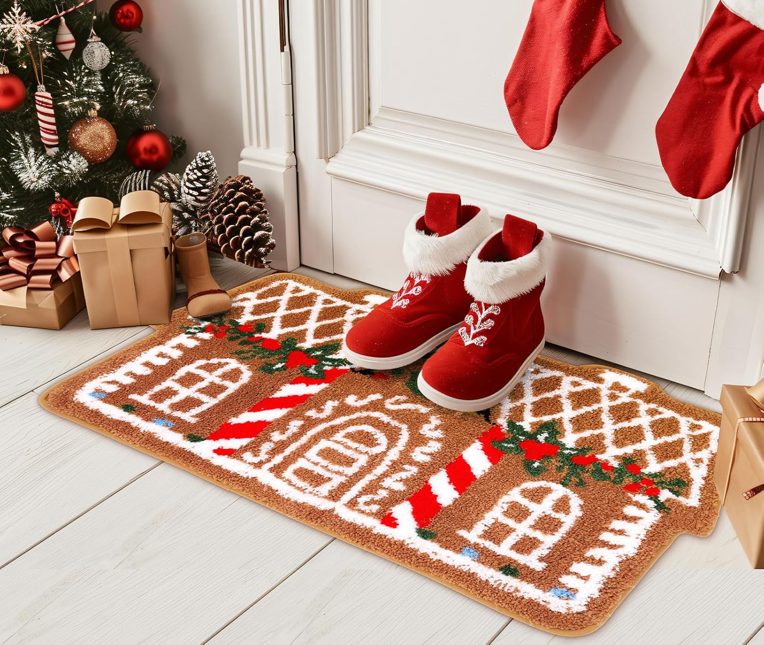 JarThenaAMCS Christmas Bath Rug Gingerbread House Tufted Bath Mat Non Slip Xmas Winter Floor Mat for Home Kitchen Bathroom Bedroom Porch Entryway