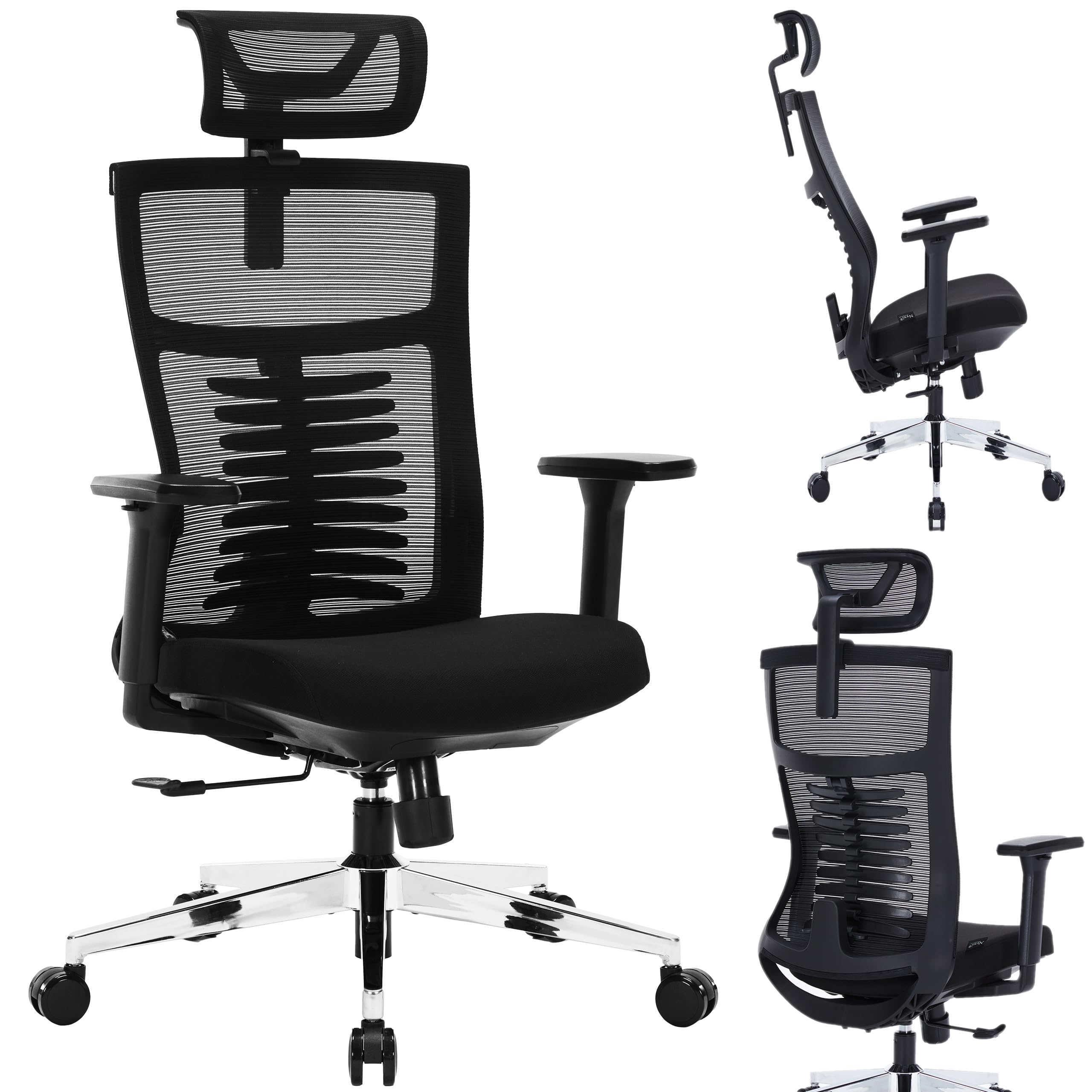 Nyxi Office Chair Premium Ergonomic Foam Seat for Work, Computer Desk and Study Chair, Executive, 3D Armrests, Headrest & Lumbar Support, 3-Angle Locking, Metal Base (Foam Seat, Black, Model 799)