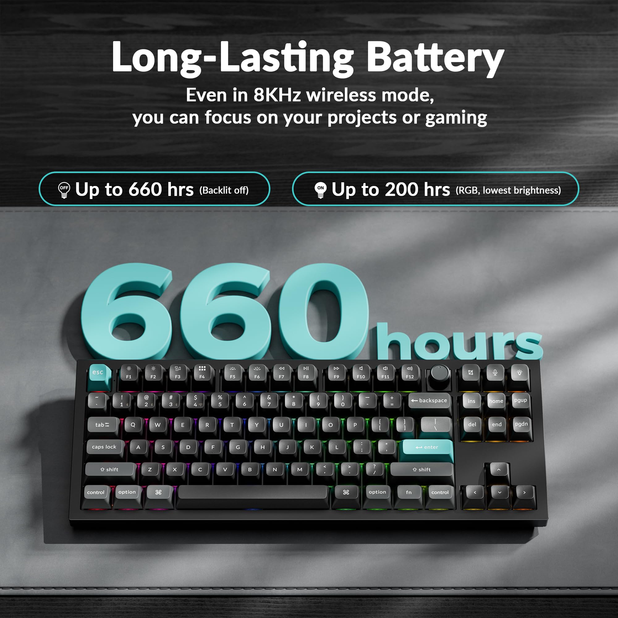 Keychron Q3 Ultra Wireless Mechanical Keyboard 8KHz Polling Rate, TKL 2.4G/Bluetooth 5.3/Wired Up to 660 Hours Long Battery Life, Hot-Swappable Aluminum RGB Gaming ZMK for Mac/Windows/Linux-Black — view 3
