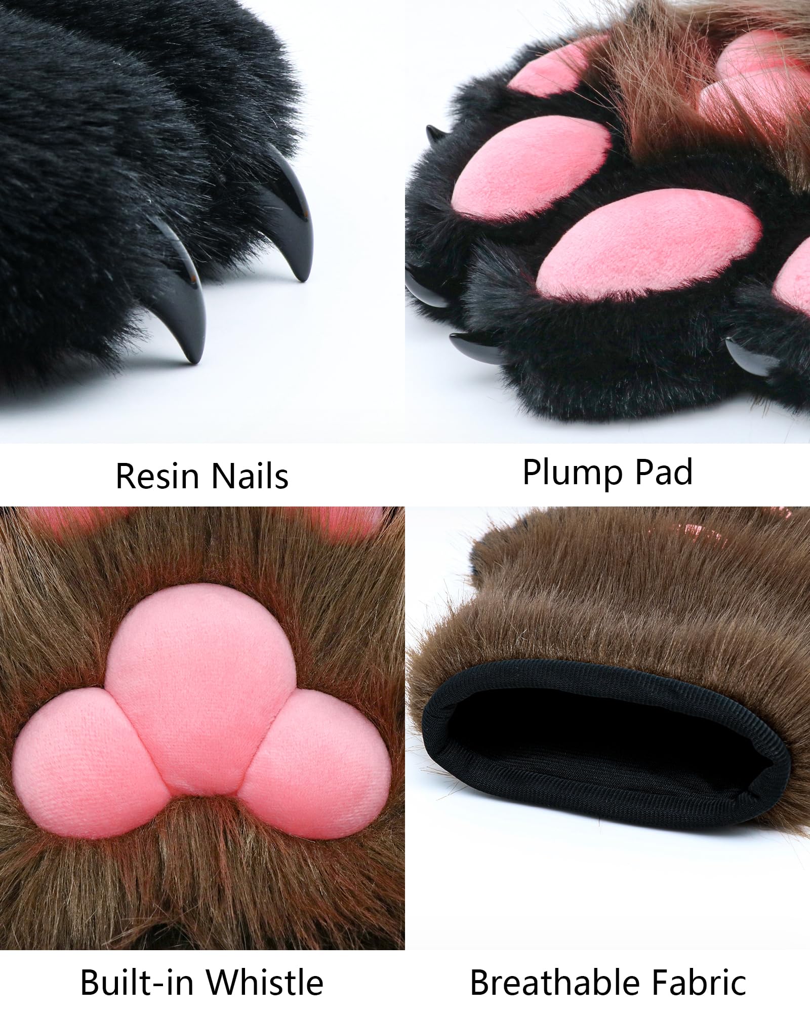 BNLIDES Cosplay Fursuit Paw Gloves Fur Claw Gloves Built-in Whistle Decompression Toy Costume Party Accessories for Adults Coffee-Black - Image 2