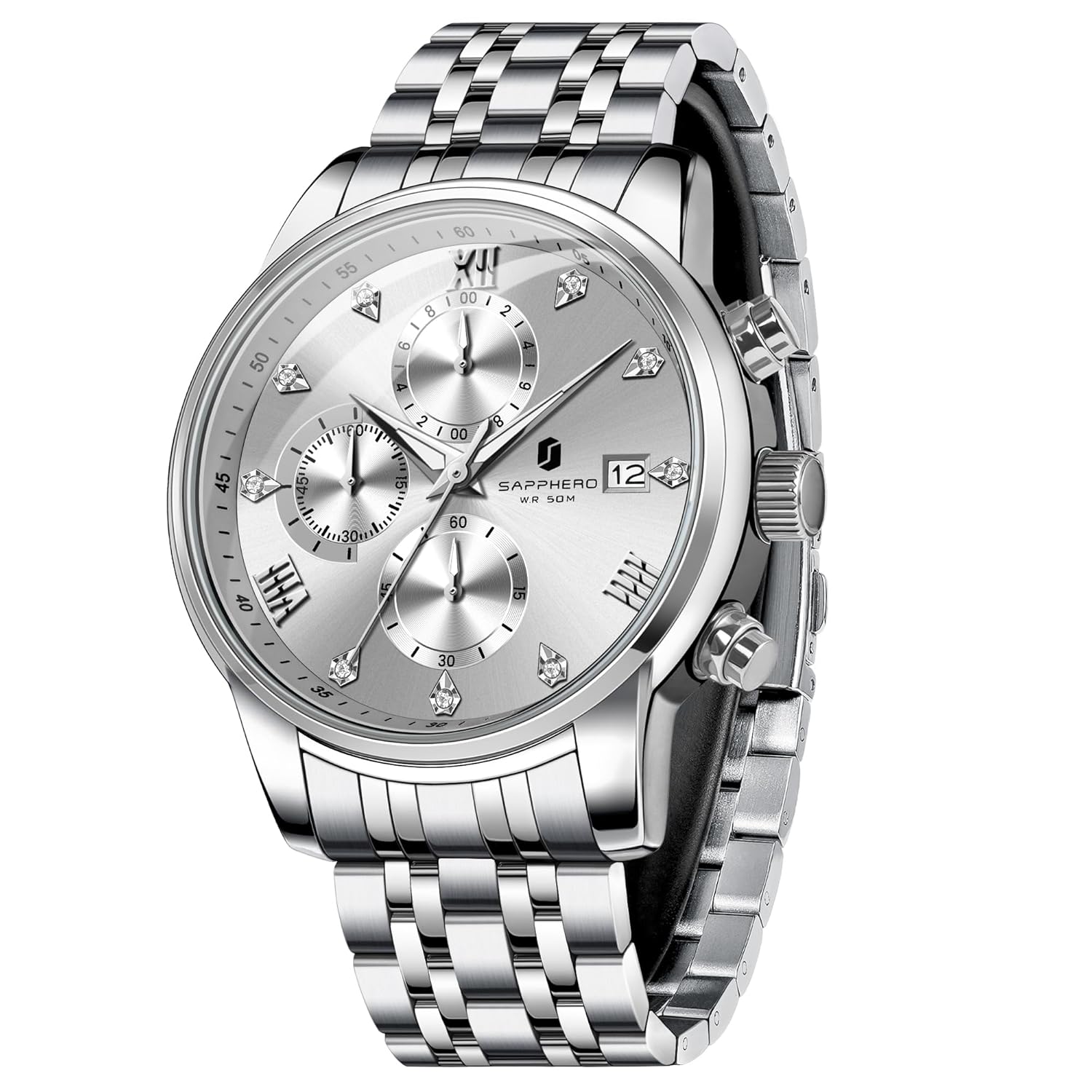 SAPPHERO Watches for Men Easy-to-Read Sliver Stainless Steel Watches Men Luxury Mens Watch Waterproof Chronograph Birthday Christmas Fathers