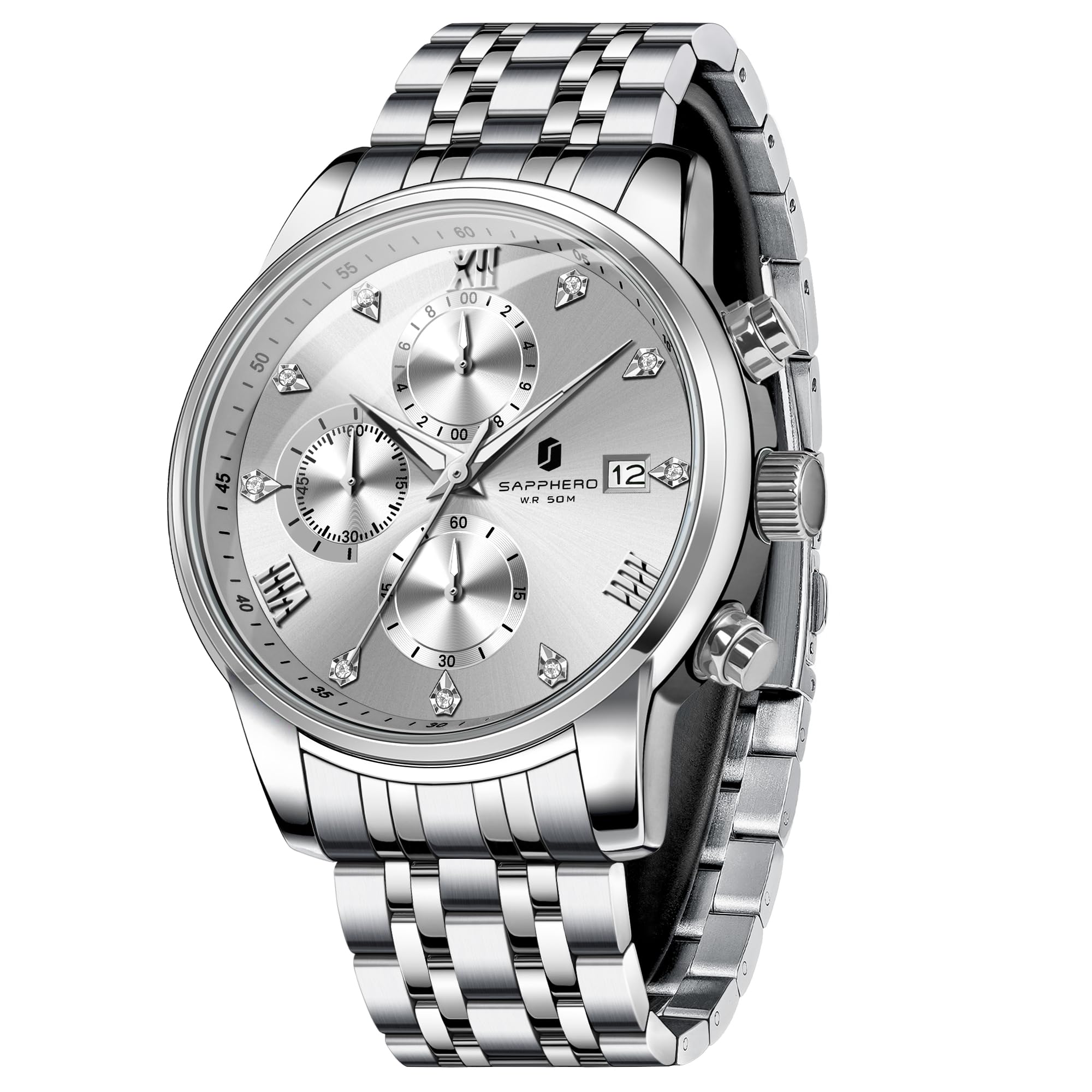 SAPPHERO Watches for Men Easy-to-Read Sliver Stainless Steel Watches Men Luxury Mens Watch Waterproof Chronograph Birthday Christmas Fathers