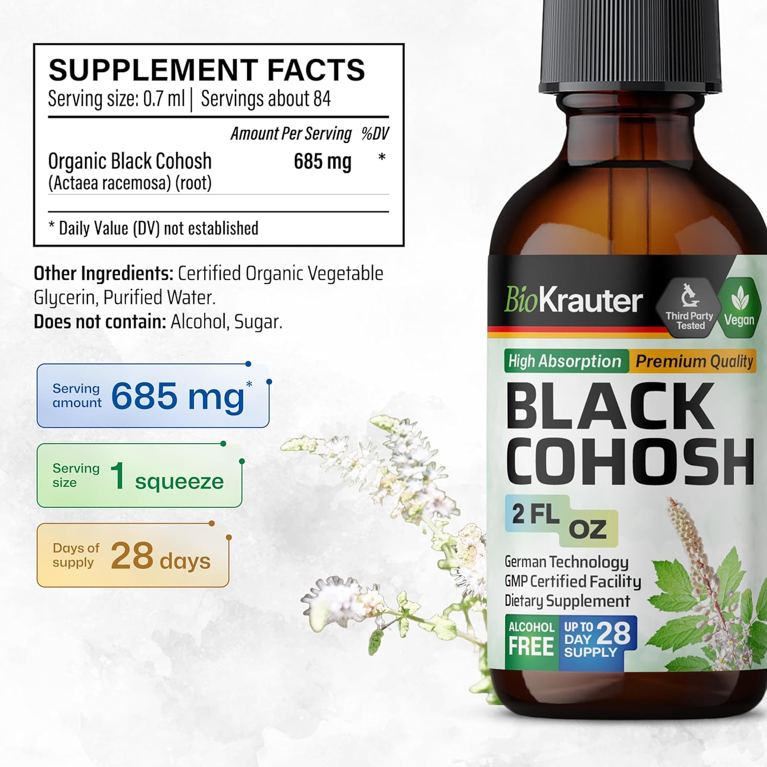 BIO KRAUTER® Perimenopause & Menopause Supplements for Women* - Pure Vegan Black Cohosh for Mood Support & Women's Wellness - Black Cohosh Supplements 2 Fl.Oz 28-Day Supply, Alcohol & Sugar Free - Image 3