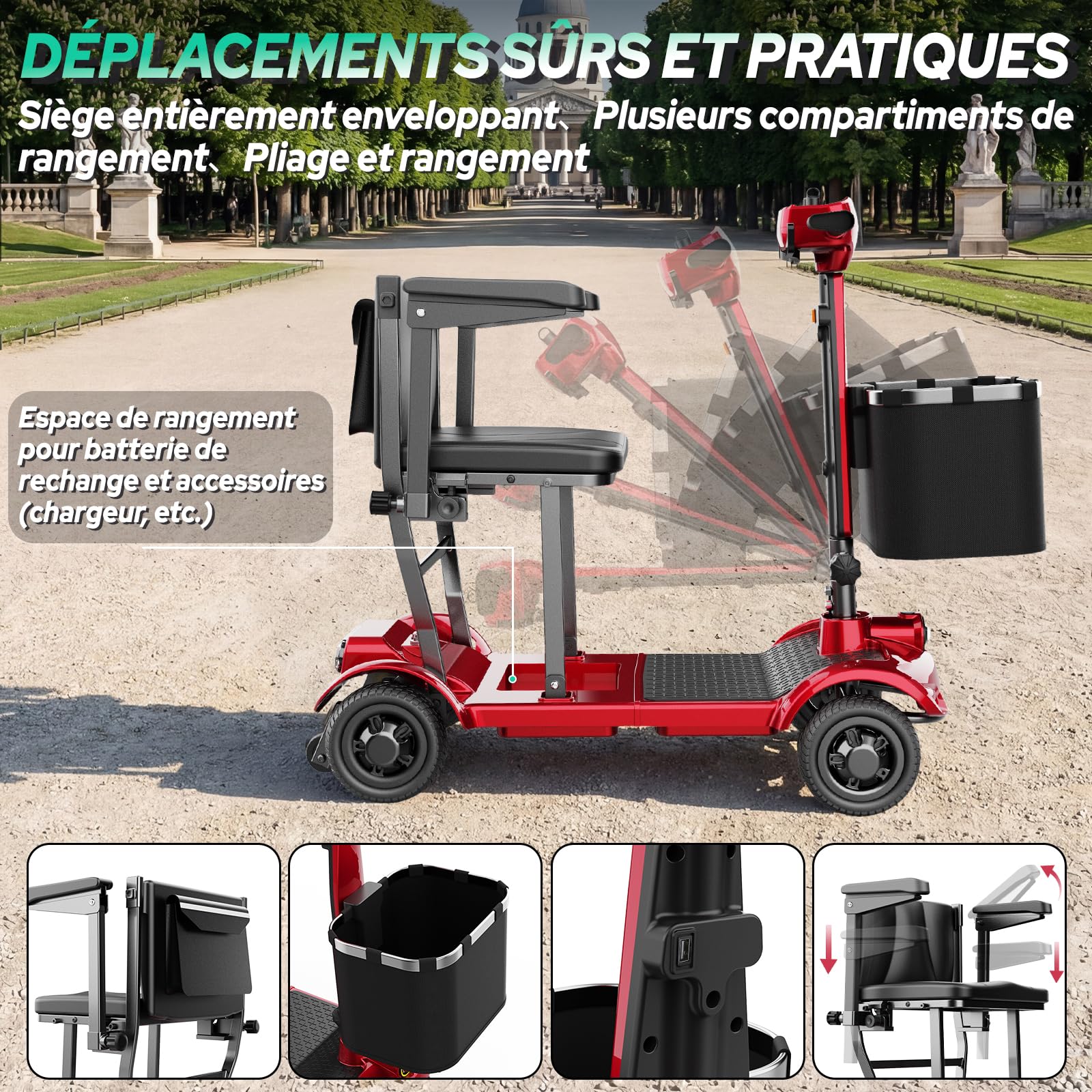 TODIMART X17 Scooter de Mobilité à 4 Roues,Autonomie Longue 30–35 km,20kg Pliable et Légère pour Adultes et Seniors,Écran Numérique LED,Lumières Vives,130kg,Scooter Electrique Leger