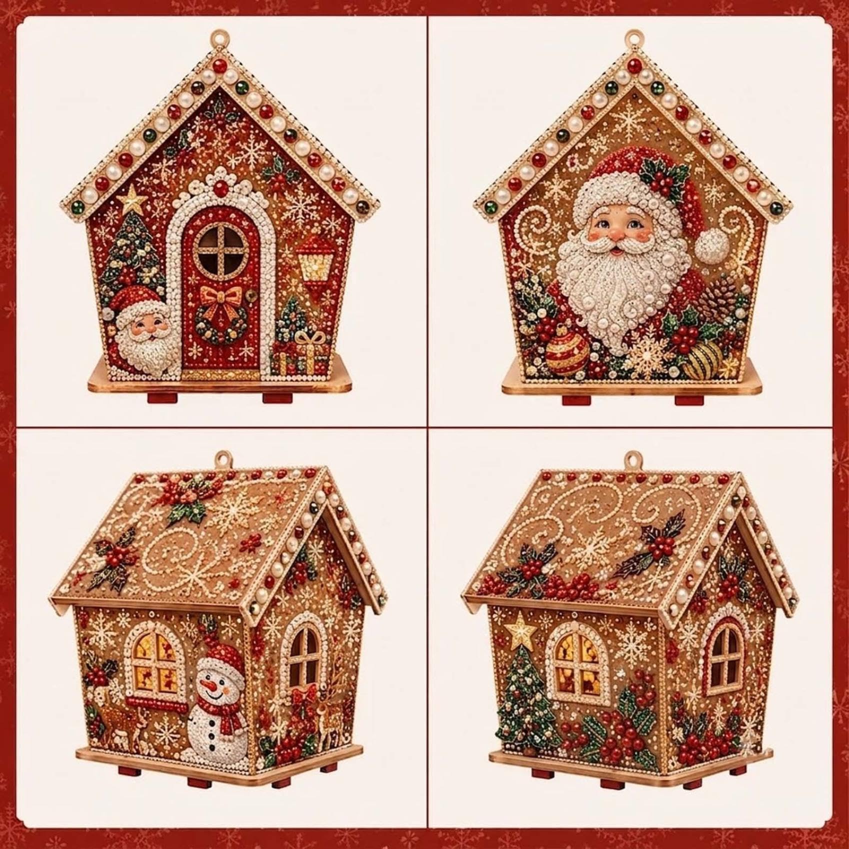 Christmas Wooden House Pearl Art Craft Kit, Festive Snowman Santa Reindeer Pattern Handmade Ornaments, DIY Pearl Bead Craft Set for Indoor Wall Hanging, Tabletop Home Decoration (C)