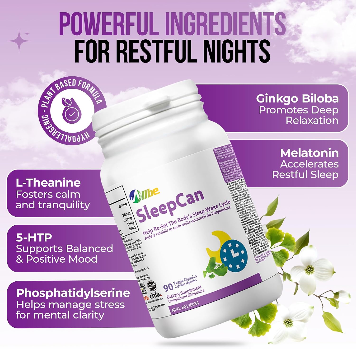 Allbe SleepCan Capsules, 5mg Melatonin with Phosphatidylserine and L-Theanine, Pack of 90 Sleep-Wake Cycle Support Supplements, Serving Size: 1 Capsule Once Daily