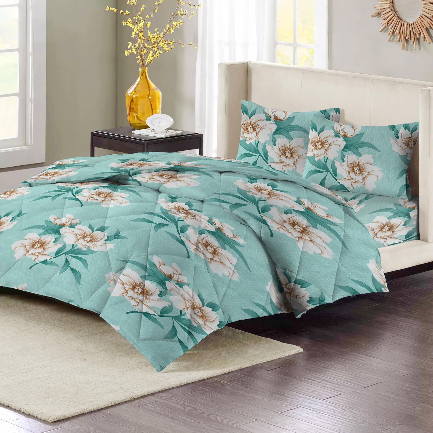 HOMEKART 220 GSM Reversible Microfiber AC Comforter/Duvets for Mild Winter | All Season King Size 3 Layered Quilted Blanket for Double Bed (220 cm x 240 cm, Floral, Light Green)-image-19