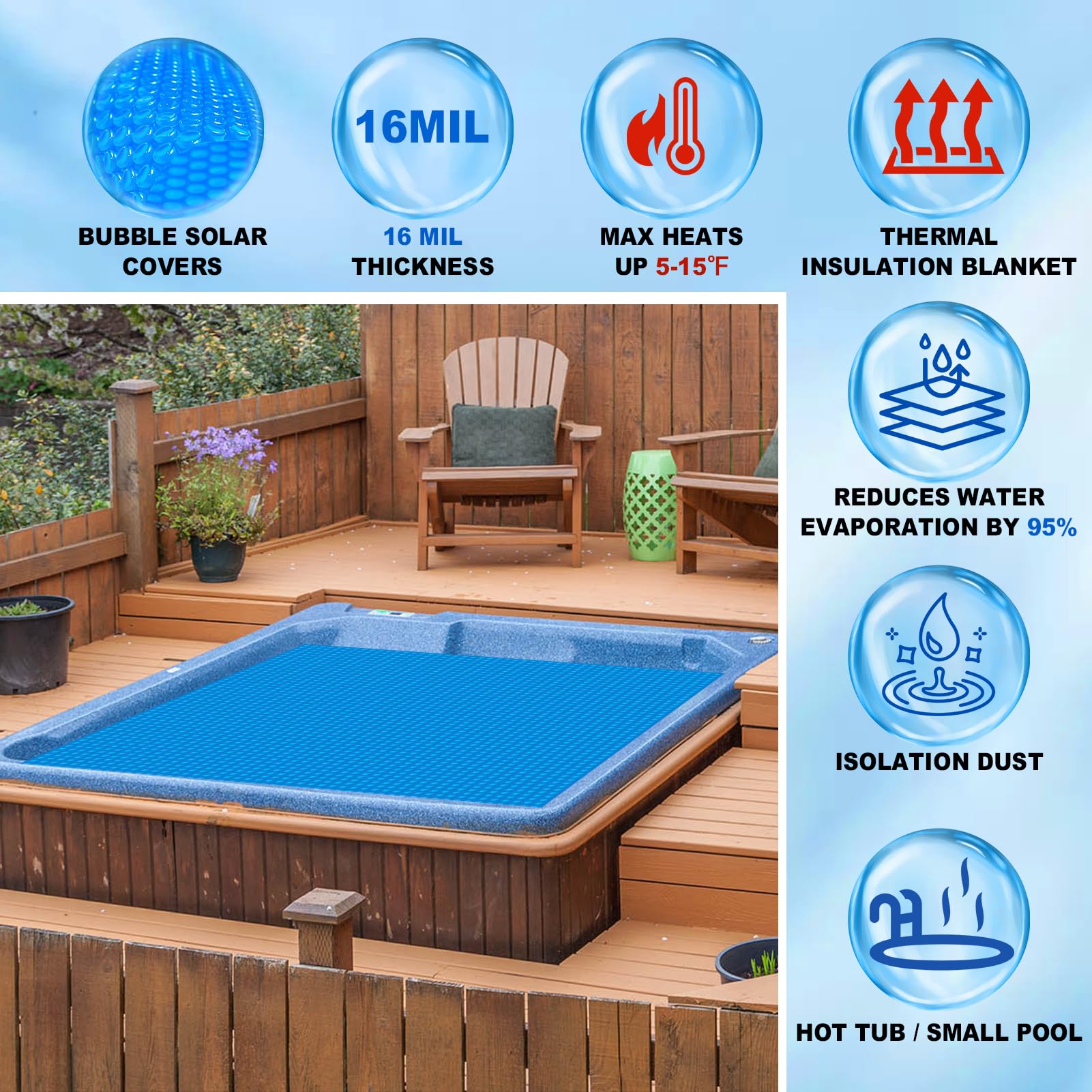 Couverture solaire à bulles flottantes pour jacuzzi, spa, piscine, 183 x 183 cm