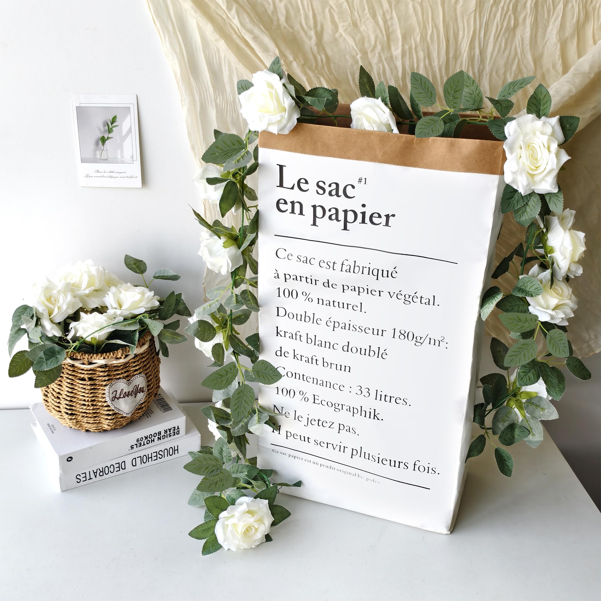 YMIFEEY 2 x 2m Blumengirlande Künstlich Weiße Rosen Blumen Girlande Deko Kunstblumen Hängend Rosengirlande Blumenranken Frühling Blumenkette für Hochzeit Tischdeko Party Blumenwand Fahrrad (2*Weiß)