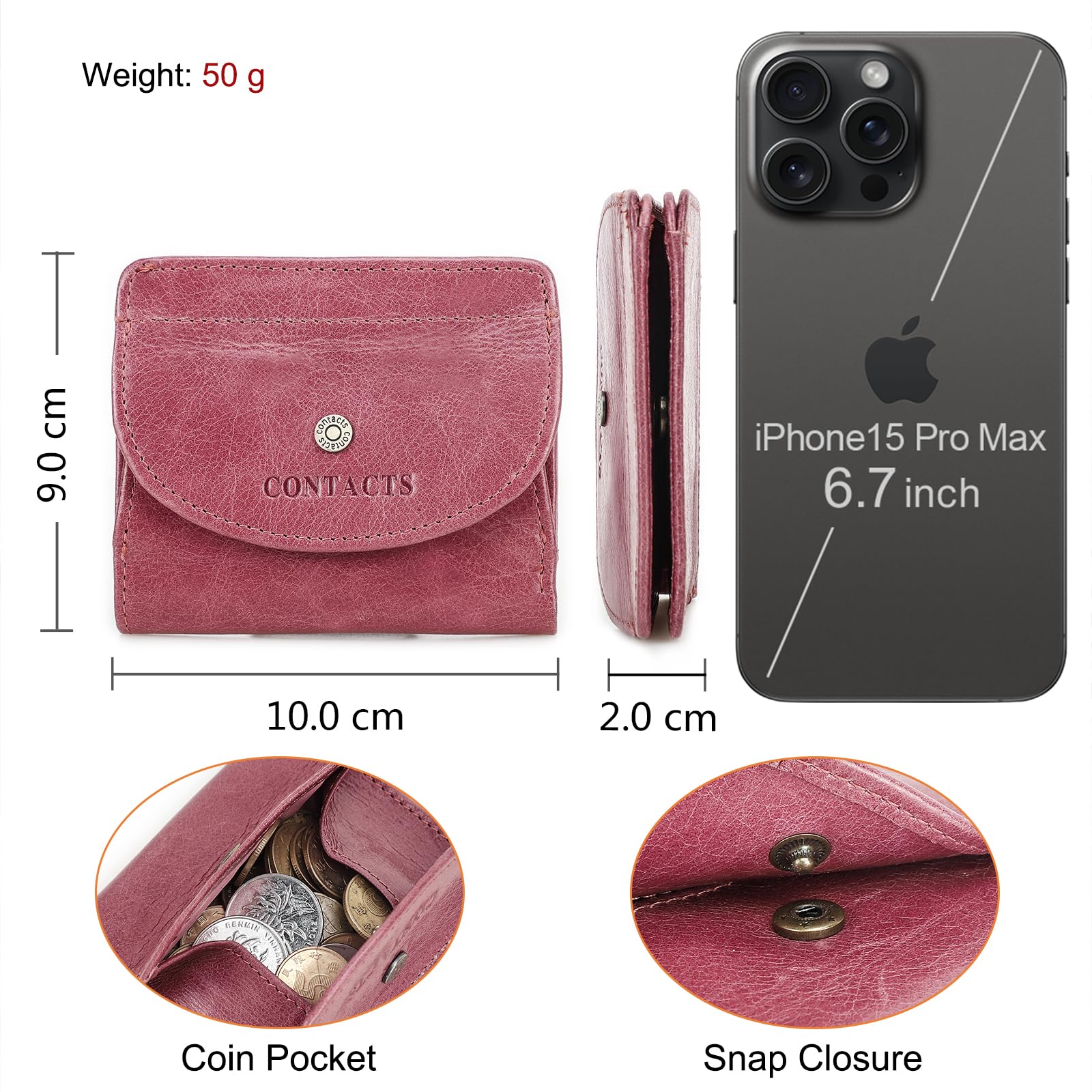 Portefeuille décontracté pour femme 100 % cuir véritable avec poche pour pièces de monnaie pour femme, Beige rose., S, Pochette à monnaie