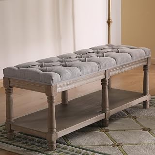 DUOMAY Mid Century Grey Linen Tufted Storage Bench with Shelf - Farmhouse Ottoman Shoe Bench for Entryway Bedroom Living Room