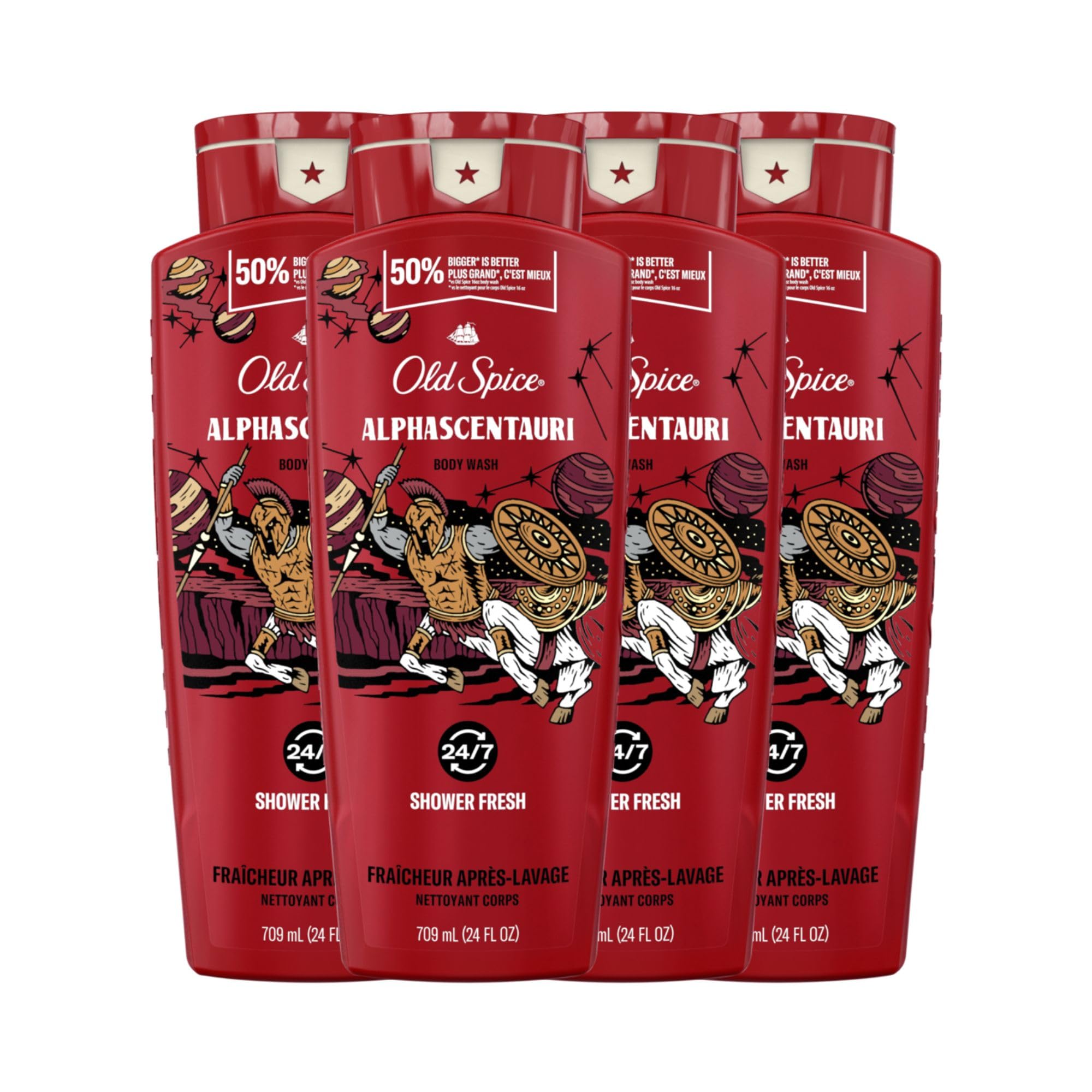 Old SpiceCleansing Body Wash for Men, 3X Defense, 24/7 Shower Fresh with Lasting Scent, 2-in-1 Body & Face Wash, Alphascentauri with Green Herbal Scent, 24 oz (Pack of 4)