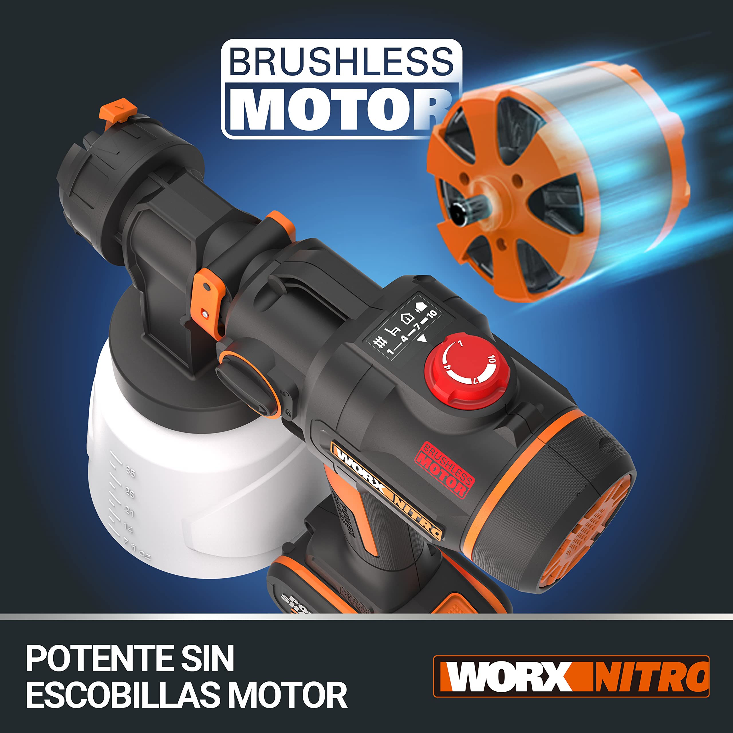 WORX WX020.9 Pistola Pulverizadora de Pintura 20V Brushless 20KPa Sin Batería, Boquillas Múltiples para Paredes, Muebles y Exteriores, Tecnología HVLP
