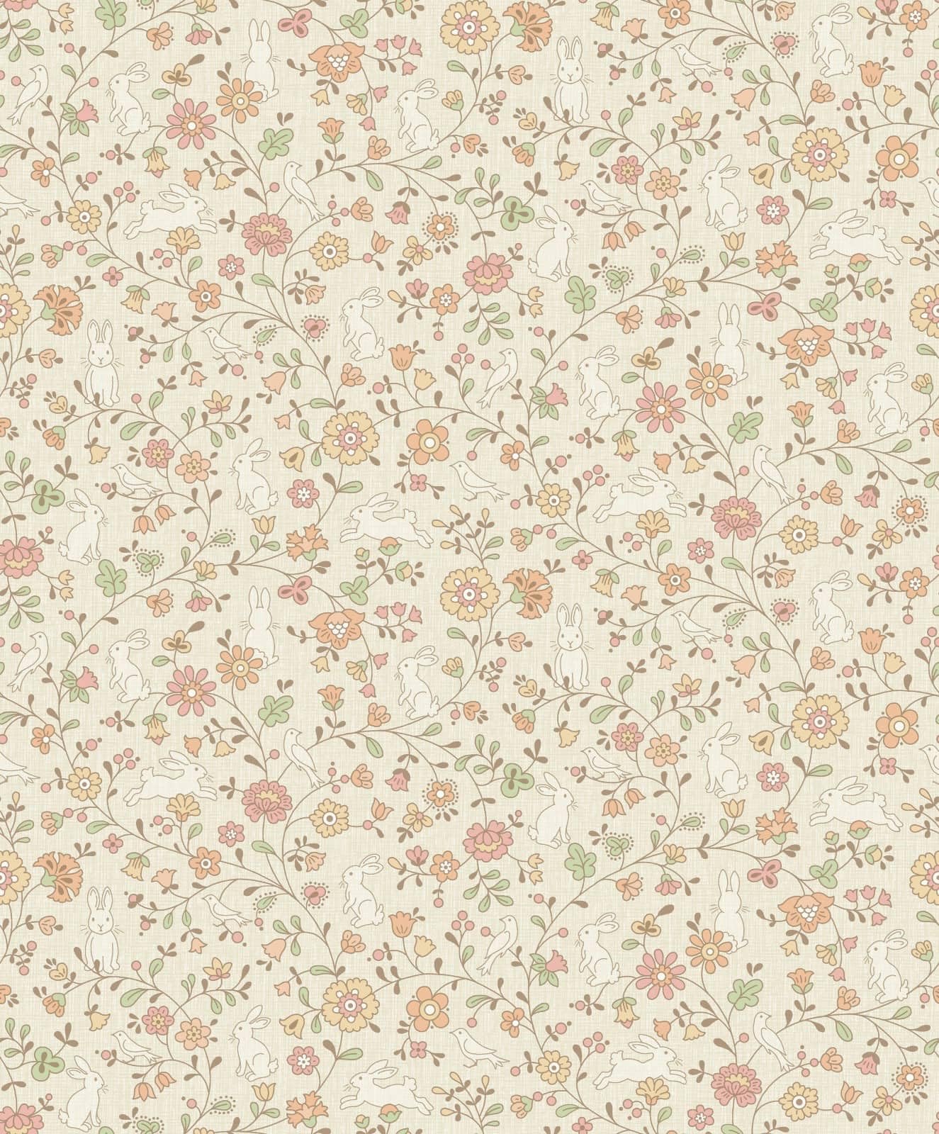 Grandeco Liberty Floral Bunny Trail Wallpaper - Beige Textured Paper - Kids Nursery Decor