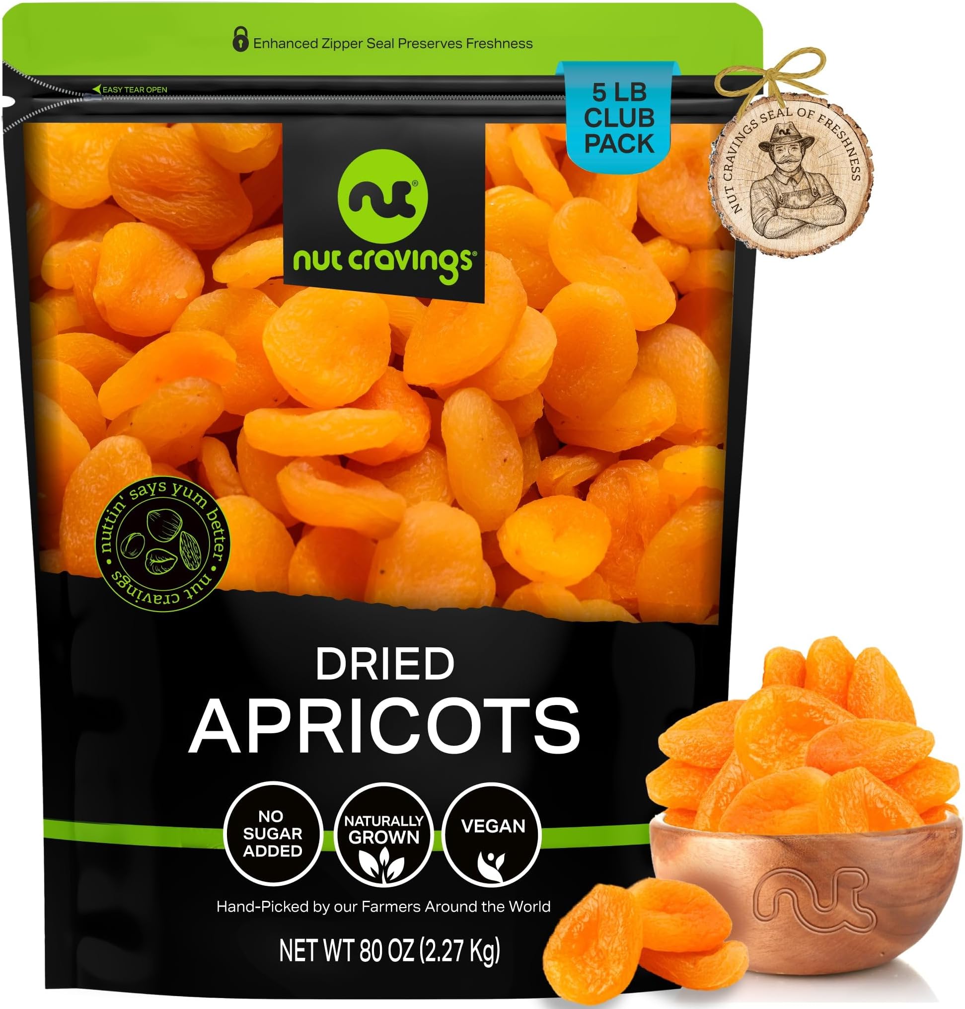 NUT CRAVINGS - Dried Turkish Apricots, No Sugar Added, Unsweetened (80oz, 5 LB, Bulk) Sweet Healthy Snack, Vegan, Resealable Bag