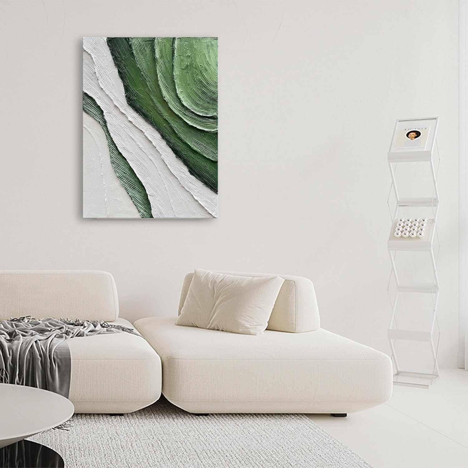 Diathou Art Hand-painted green and white textured oil paintings Modern abstract canvas art home wall decoration 40x28 inches