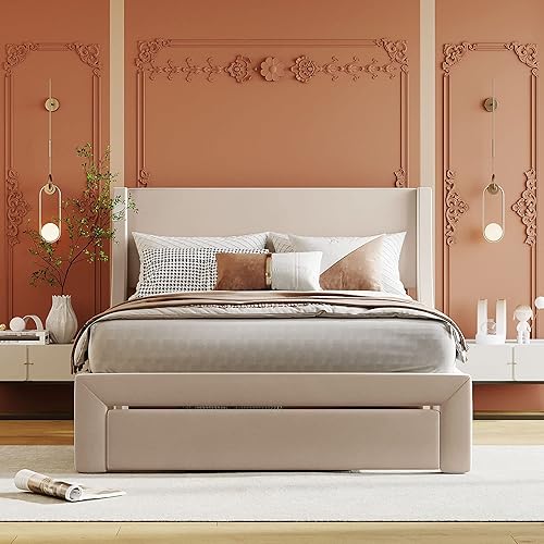 CITYLIGHT Base de cama matrimonial con cajones de almacenamiento, cama tapizada de terciopelo con cabecera y soporte de listones de madera, fácil