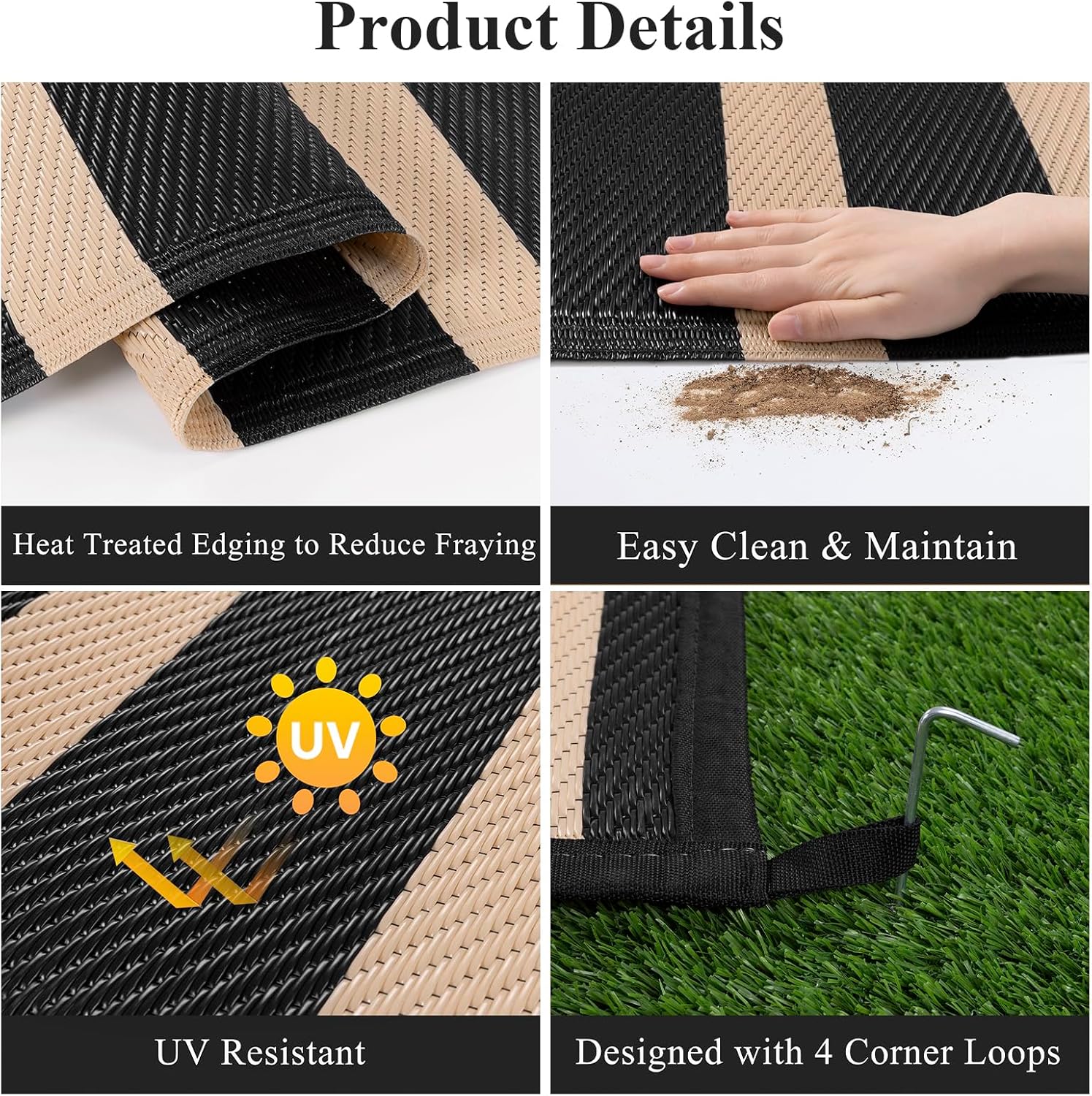 Vaukki Waterproof Outdoor Rug 5x8, Reversible Striped Patio Rug, Lightweight Plastic Straw Camping Mat, Indoor Outdoor RV Carpet for Outsides, Patio, Camping, Balcony, RV and Deck, Black and Beige